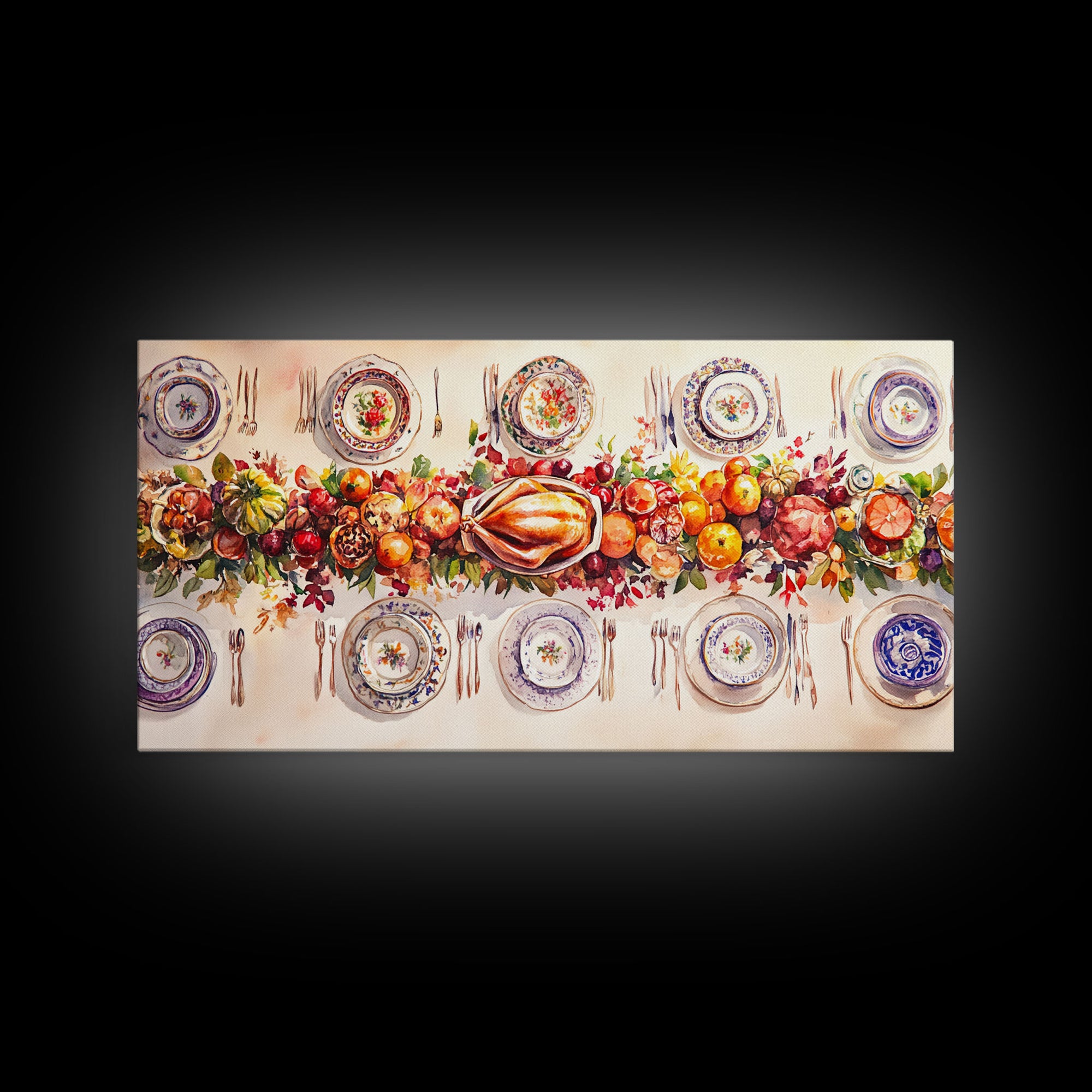 Festive Thanksgiving dinner table setting with colorful centerpiece, framed canvas print perfect autumn holiday decor wall art