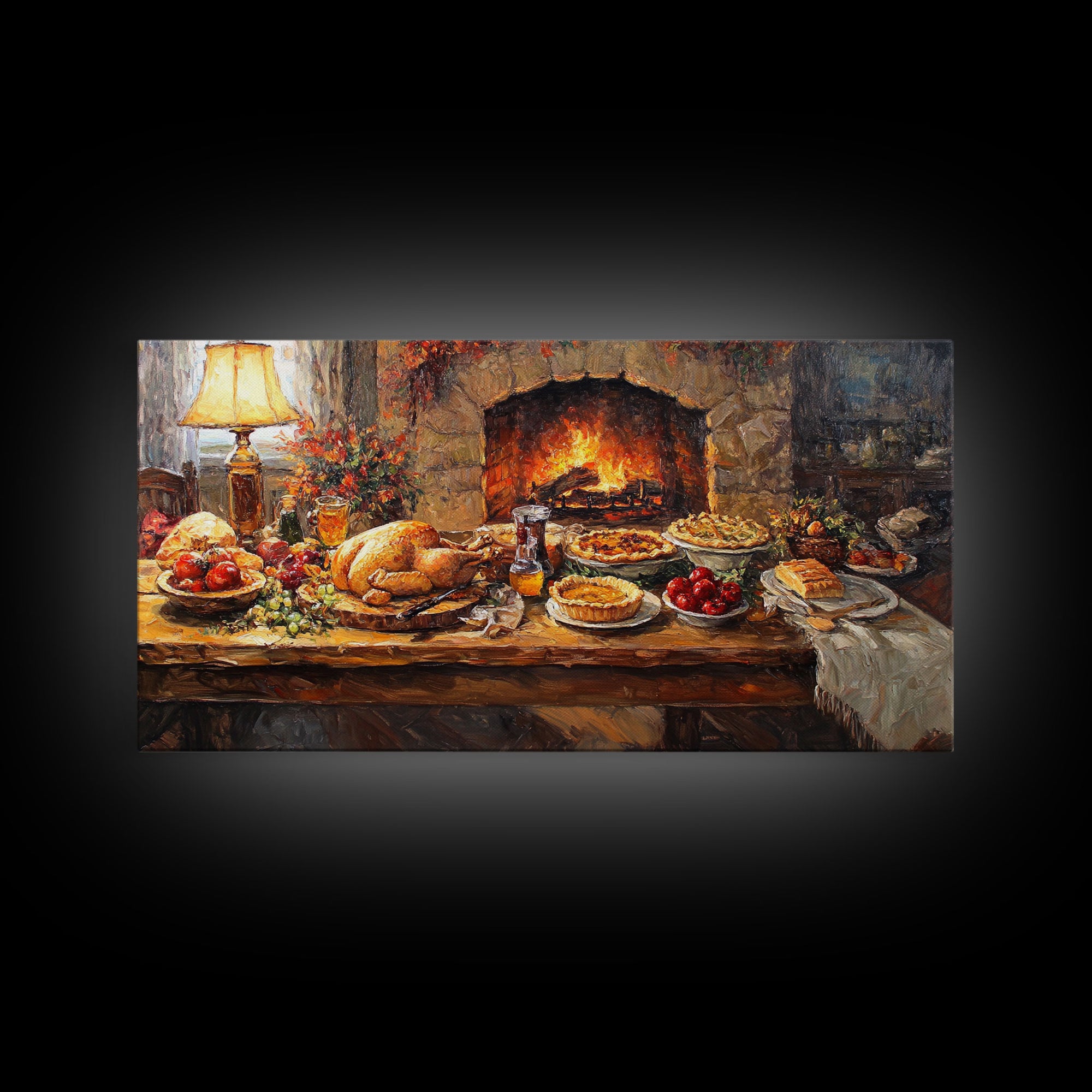 Cozy Thanksgiving Feast by Fireplace Framed Canvas Print Seasonal Wall Art, Rustic Fall Decor, Harvest Celebration Art Print for Home