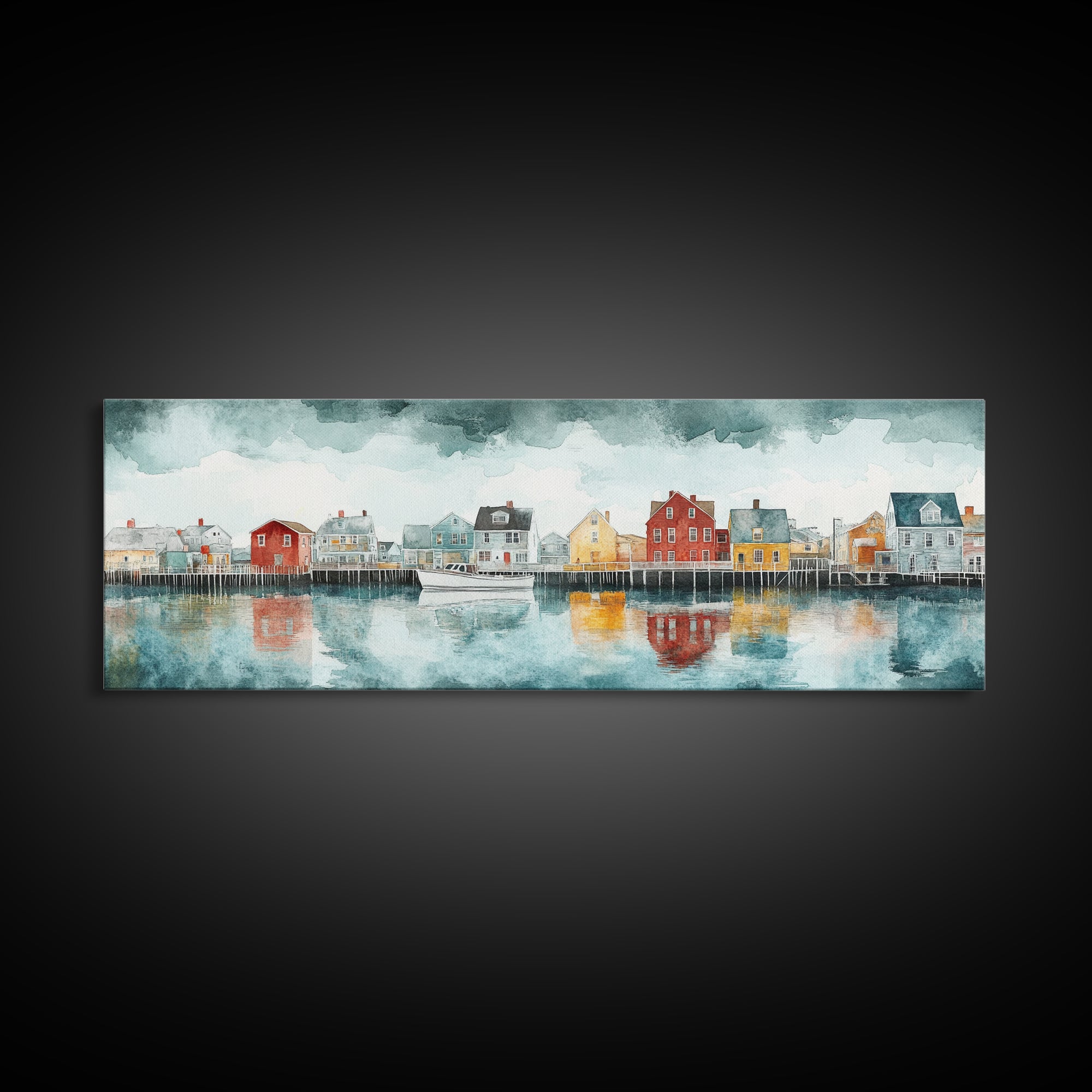 Panoramic Painting Print of Nantucket, Framed Canvas Print, Nantucket Painting, nautical seascape landscape painting, Nautical Decor