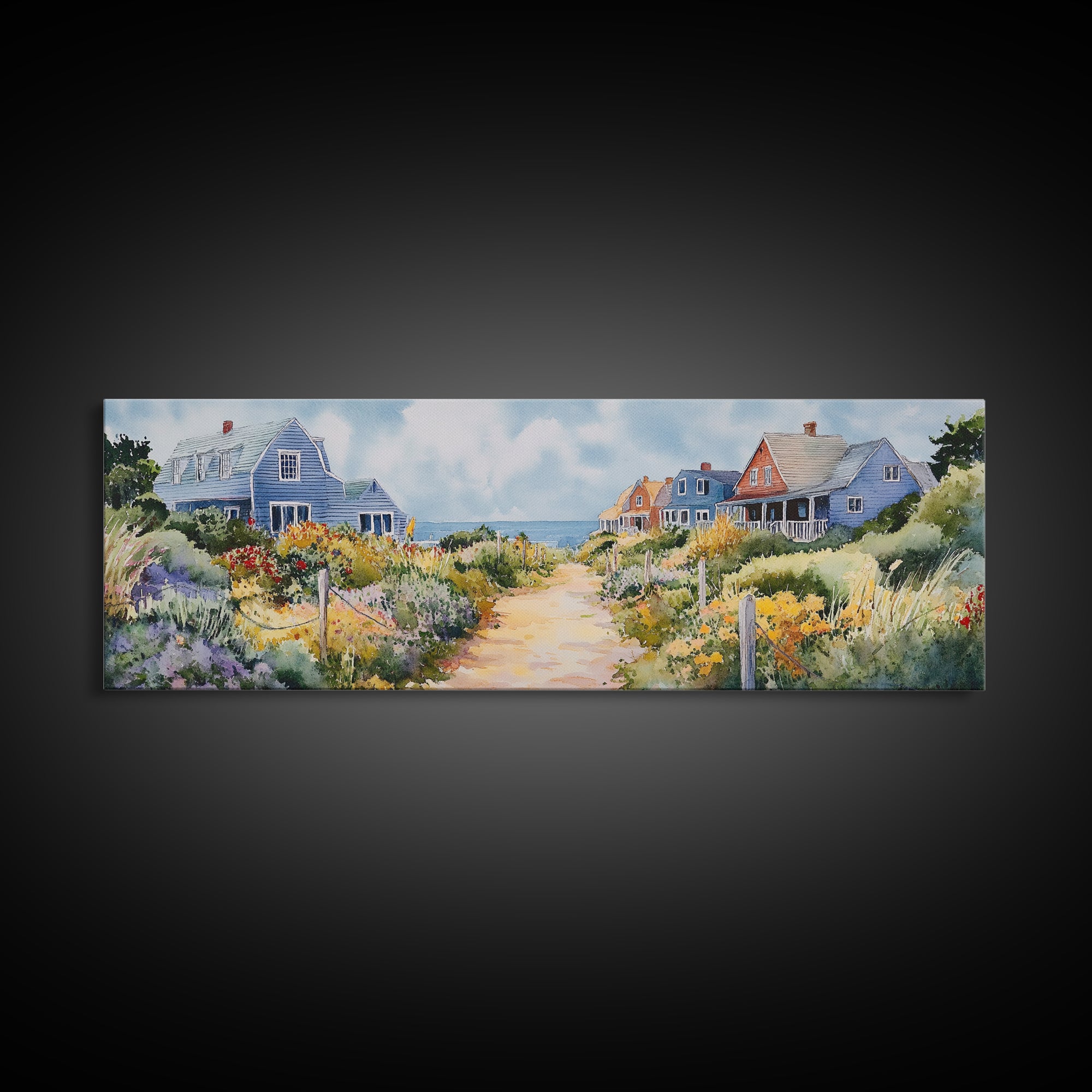 Panoramic Painting Print of Nantucket, Framed Canvas, Nautical Wall Art, Seascape landscape painting, Horizontal Nantucket Wall Art