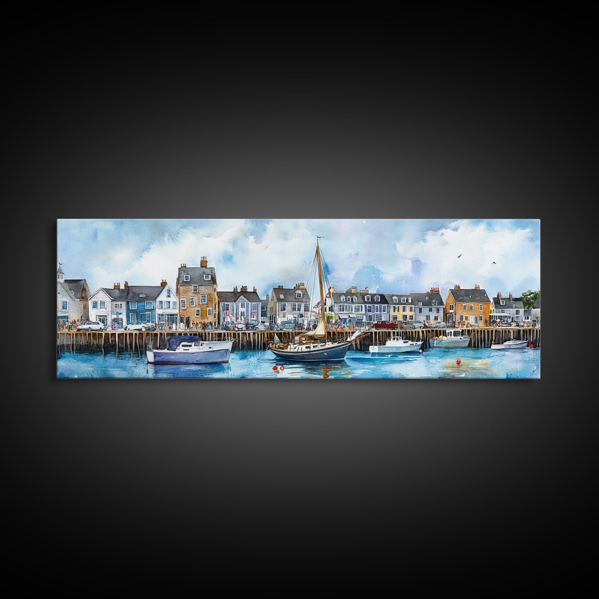 Nantucket Massachusetts Wall Art Framed Canvas Print, Nantucket Painting, Nantucket Nautical Decor, Nautical Landscape Painting