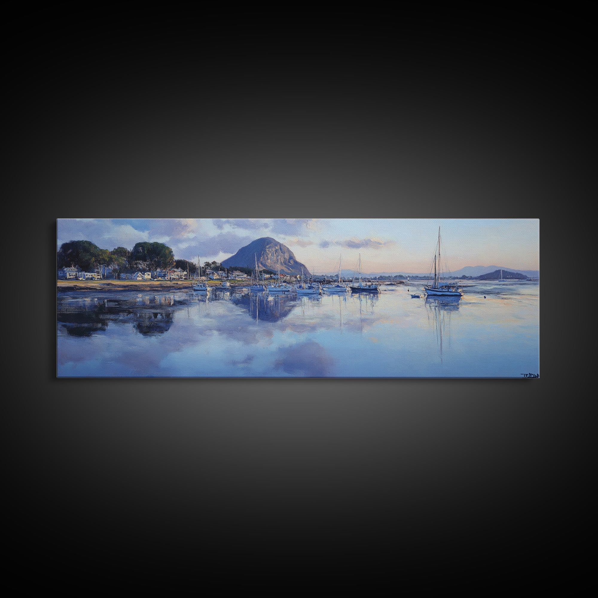 Panoramic Painting Print of Morro Bay California, Painting Morro Bay Framed Canvas Print, California Wall Art, Nautical Seascape Landscape Painting