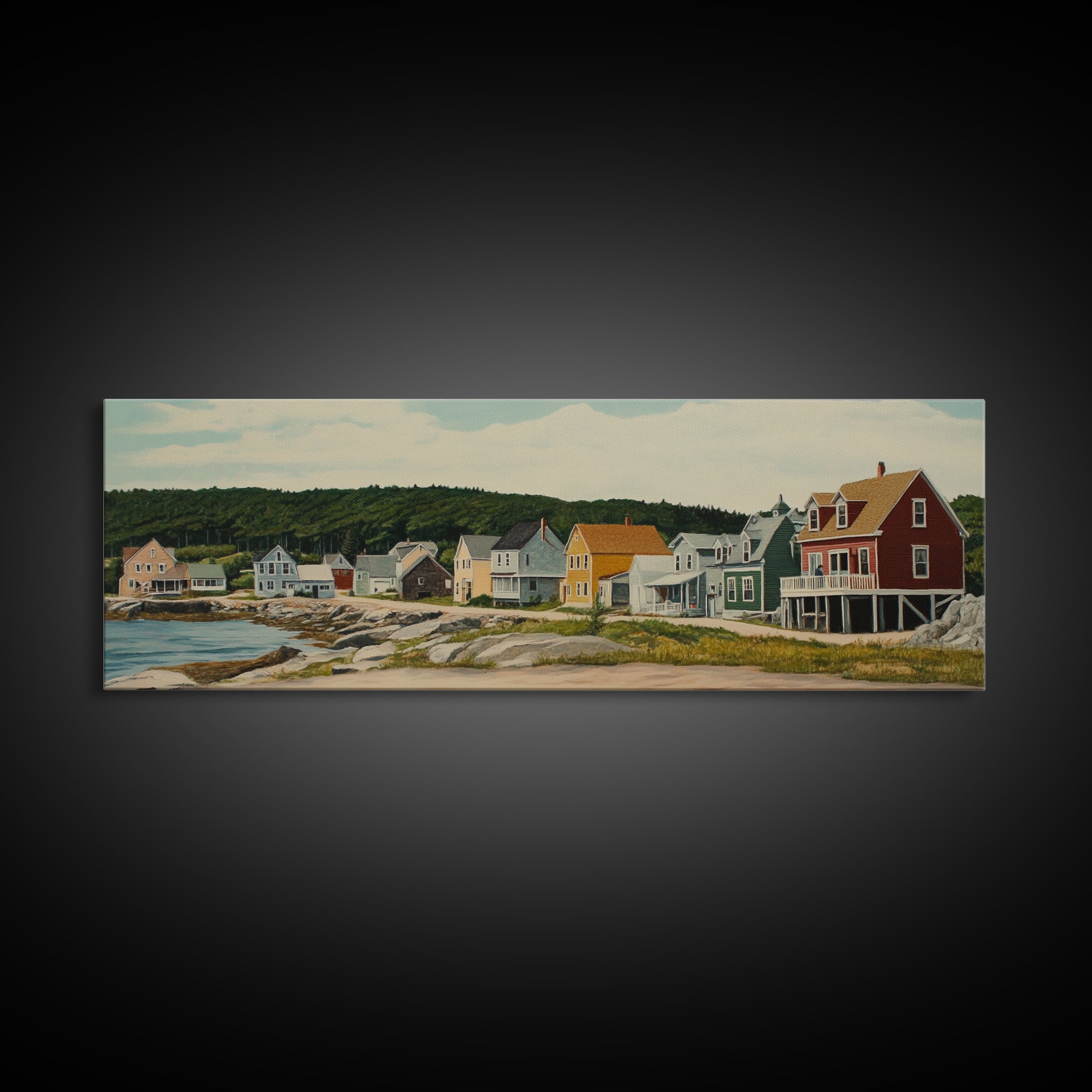 Panoramic Painting Print of Maine, Maine Wall Art, Beautiful Panoramic Seacape Painting, Nautical Landscape Painting