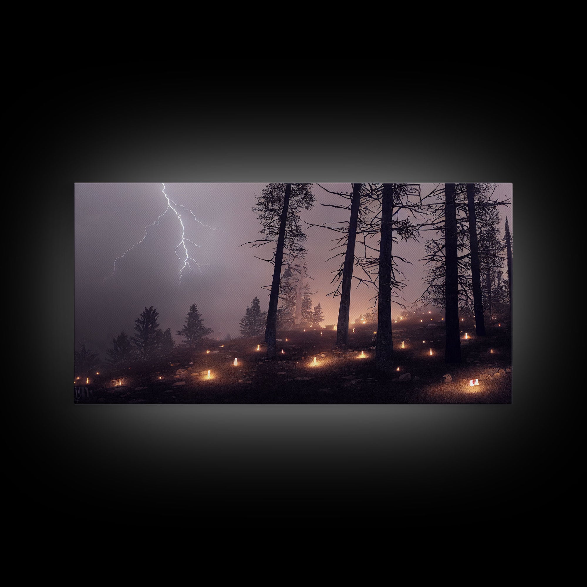Haunted Gloomy Graveyard At Night, Thunder Storm, Halloween Cemetery Art, ready to hang canvas print wall art, Lightning Art