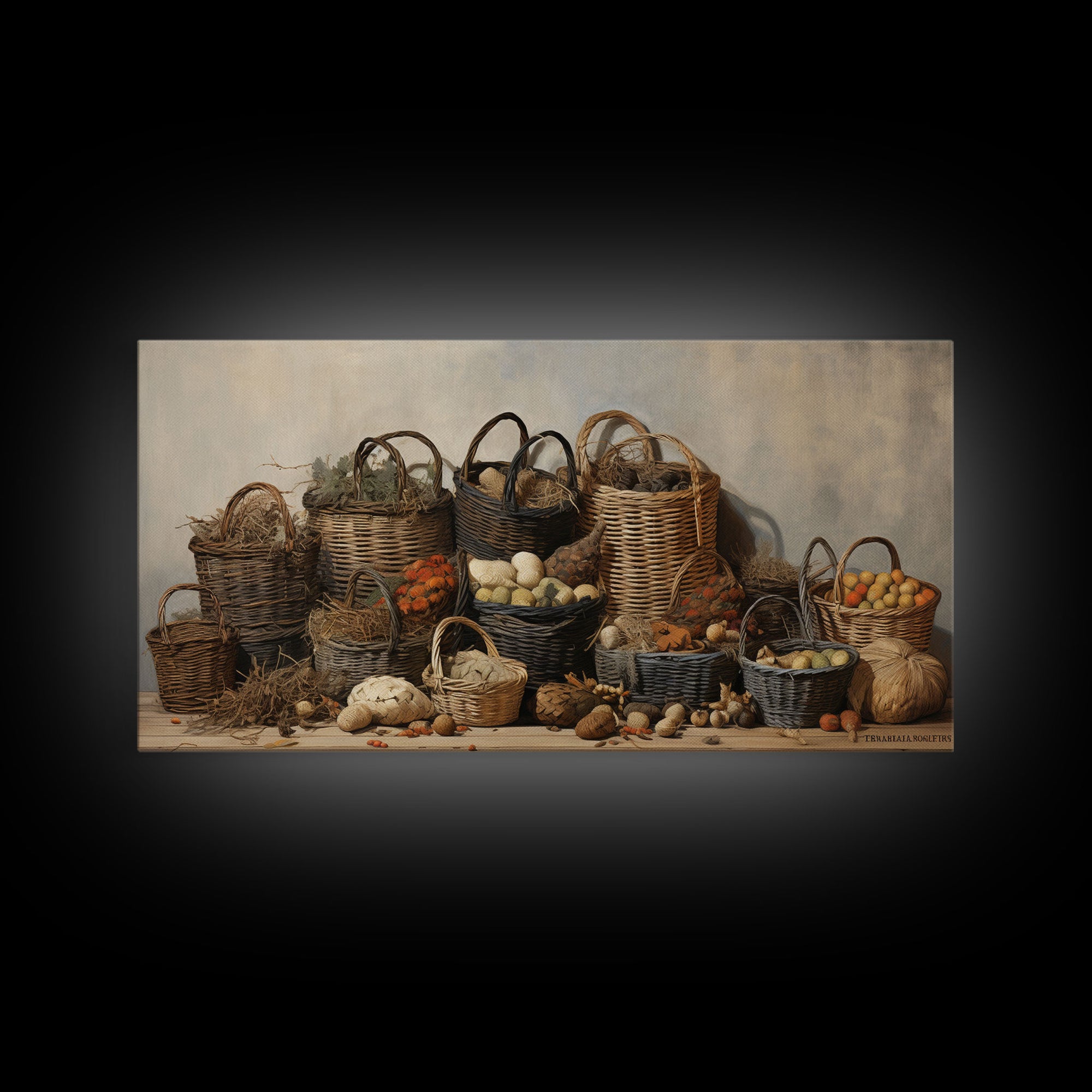 Cornucopia Wall Art, Basket Wall Decor Framed Canvas Print, Boho Wall Art, Wicker Round Bowl Art, Wicker Wall Art Print, Fall Decor