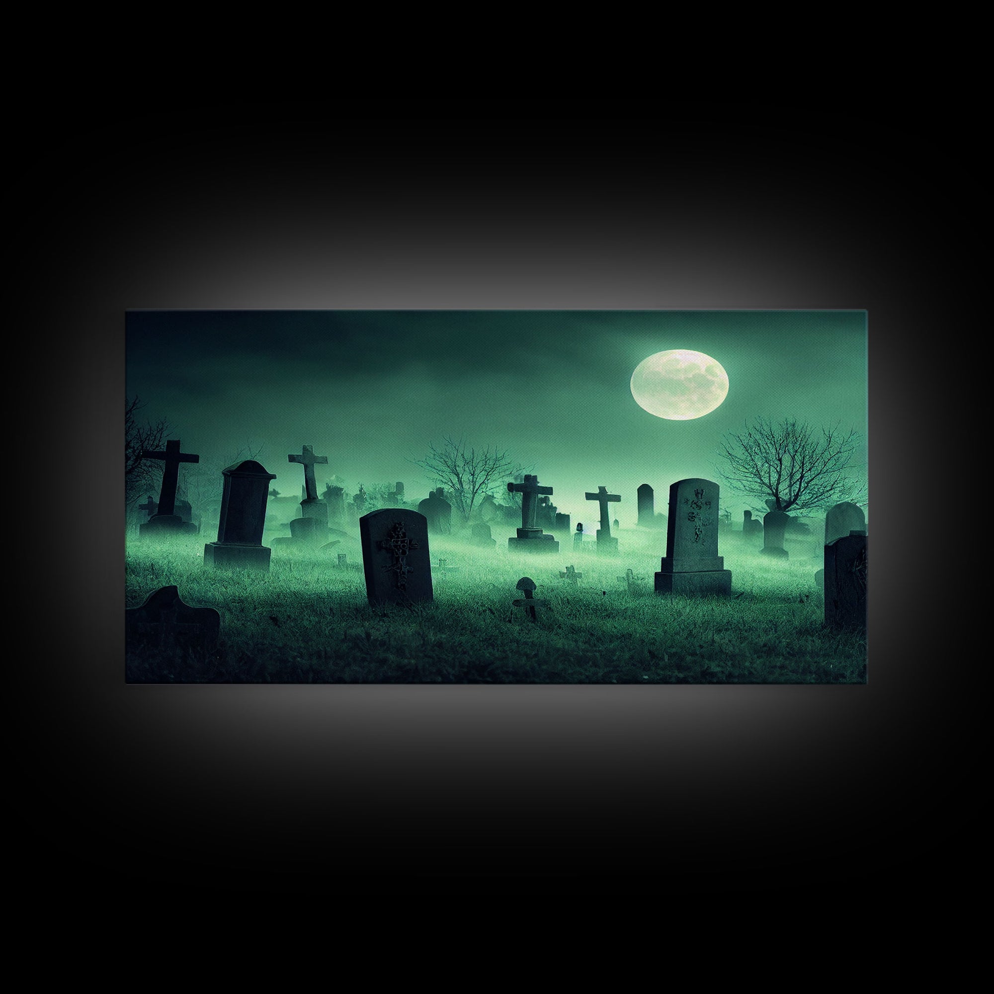 Full Moon Over A Haunted Cemetery At Night, Spooky Creepy Graveyard, ready to hang canvas print wall art, Halloween Art
