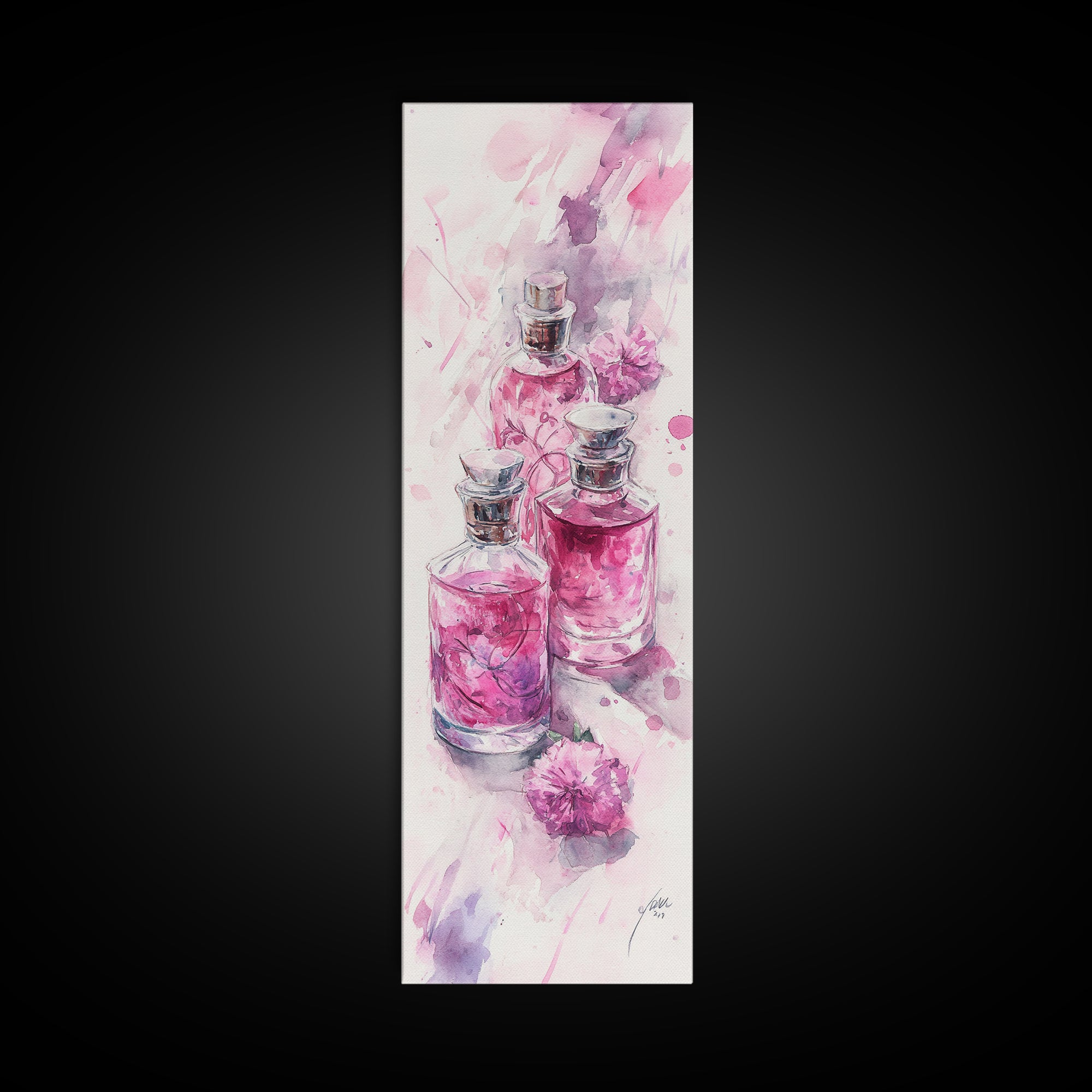 Perfume Bottles Canvas Print - Elegant Pink Abstract Art, Feminine Glass Bottles Artwork, Gift Idea for Her, Bedroom Wall Decor