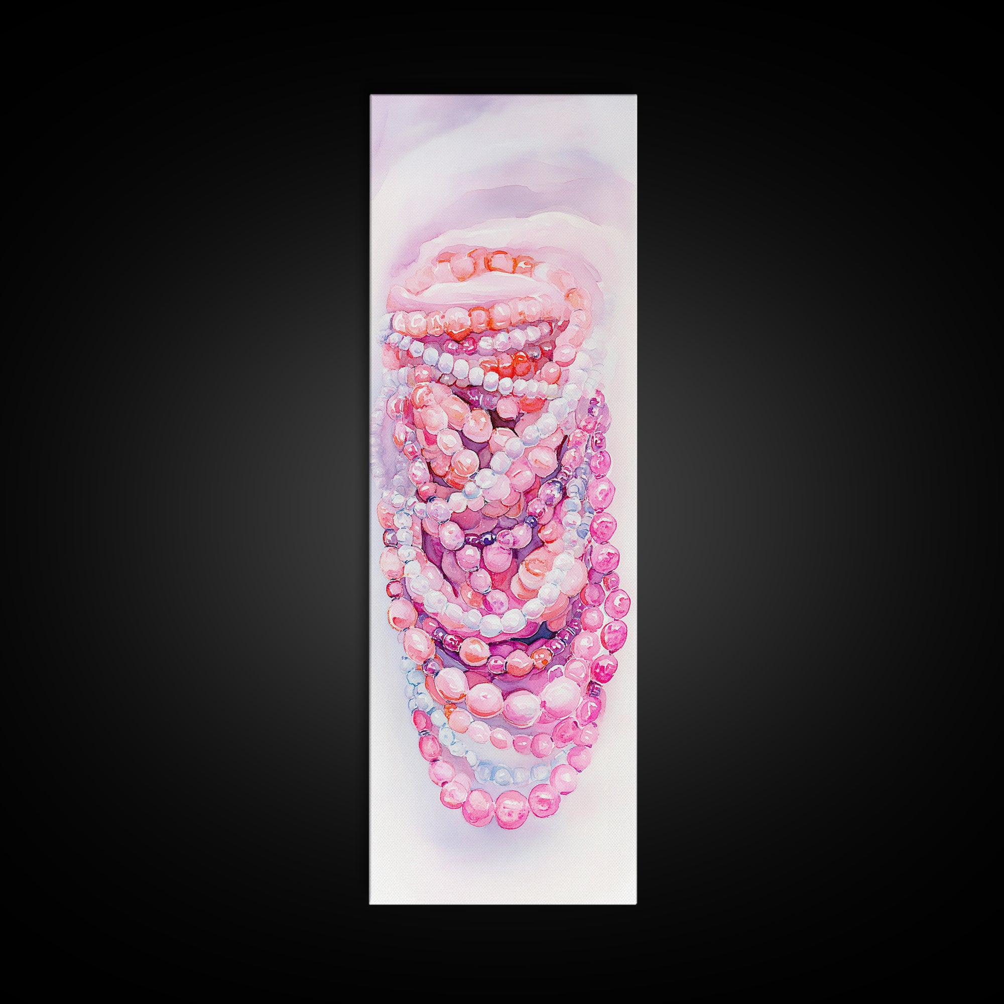 Pastel Beads Canvas Print - Whimsical Tall Narrow Art, Pink Pearl Inspired Jewelry Painting, Vertical Art for Boho Bedroom