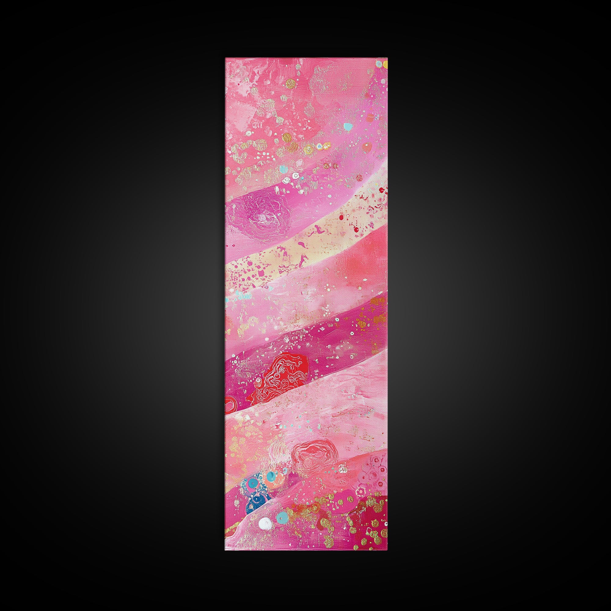 Pink and Gold Abstract Canvas Print, Whimsical Blotter Art with Metallic Accents, Vibrant Vertical Art for Bright and Creative Spaces