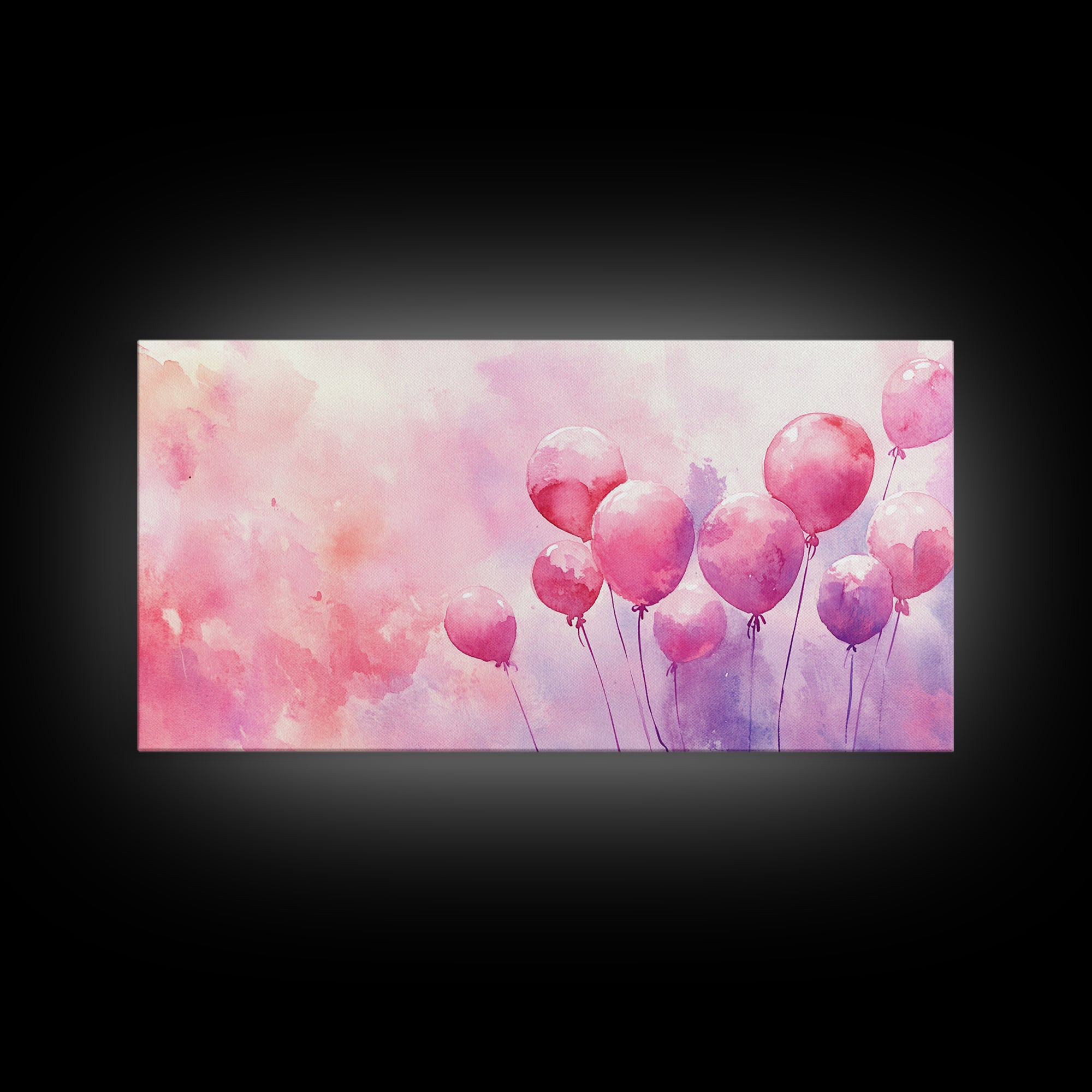Pink Balloons Painting Framed Canvas Print, Whimsical Art Light Pink Wall Decor, Extra Wide Horizontal Wall Art Rustic Art Gift