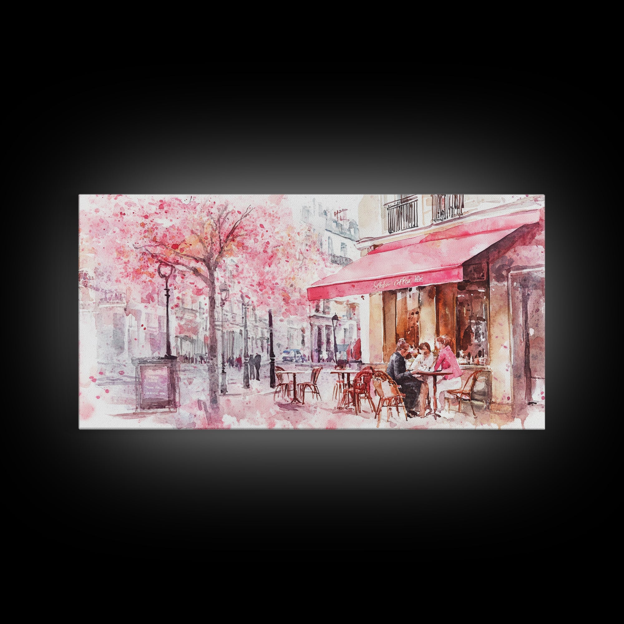 Parisian Café Scene Framed Canvas Print, Cherry Blossom Painting, European Street Art, Romantic Wall Art, Living Room Decor