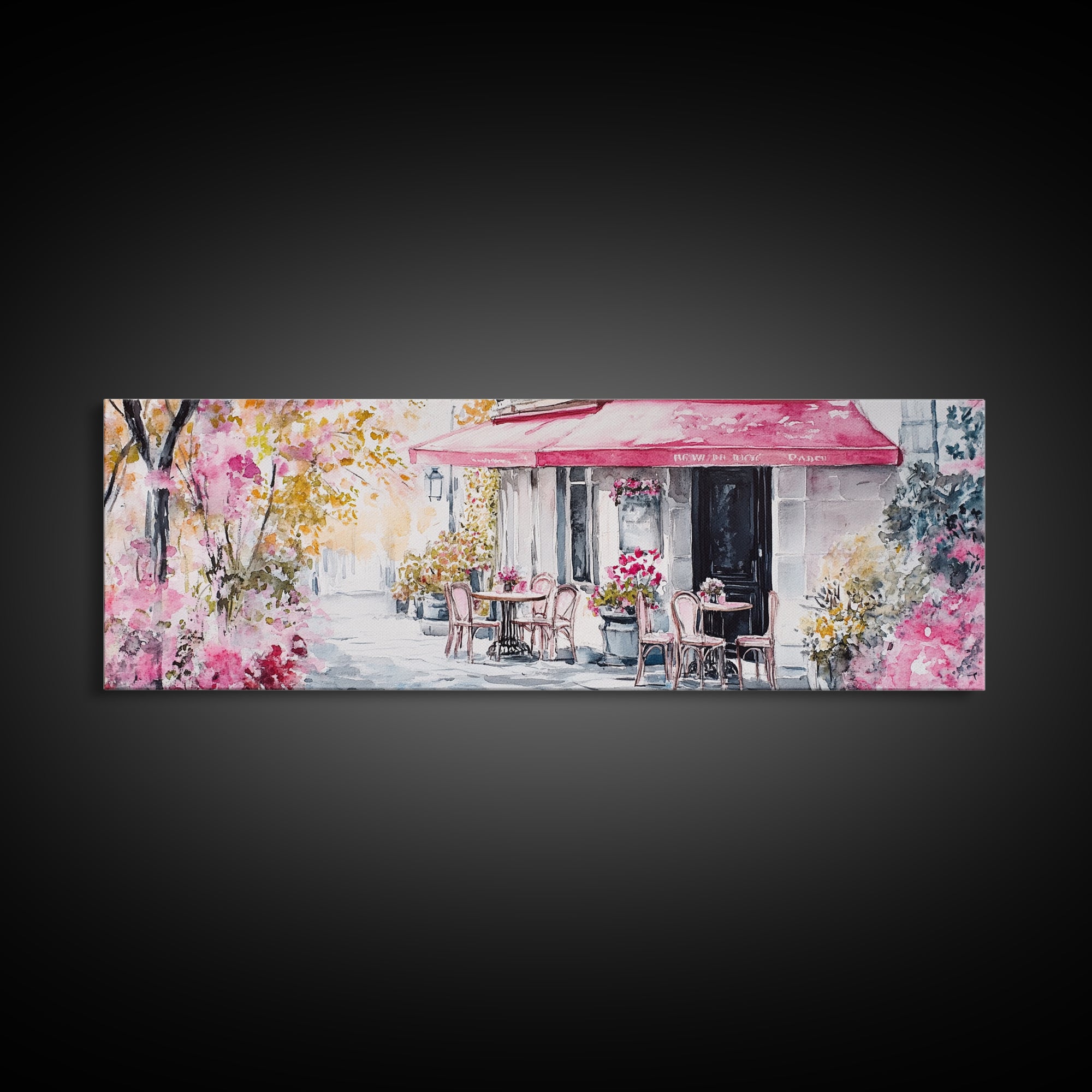 Parisian Cafe Cherry Blossom Painting Framed Canvas Print Extra Wide Art Horizontal Wall Art Rustic Above Sofa Decor