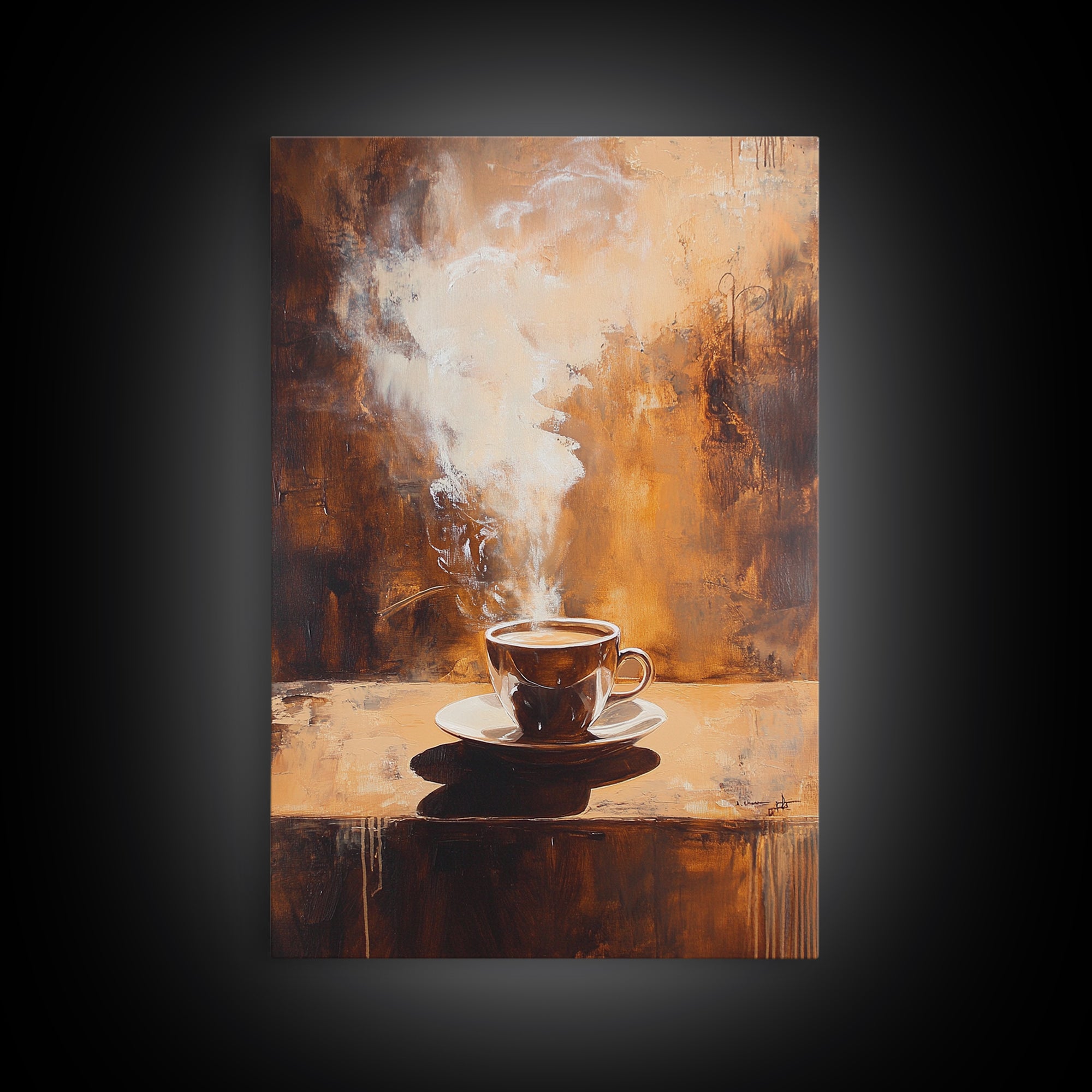 Rustic Steaming Coffee Framed Canvas Print | Warm Coffee Wall Art | Cozy Kitchen Art | Espresso Painting | Coffee Lover Gift Idea