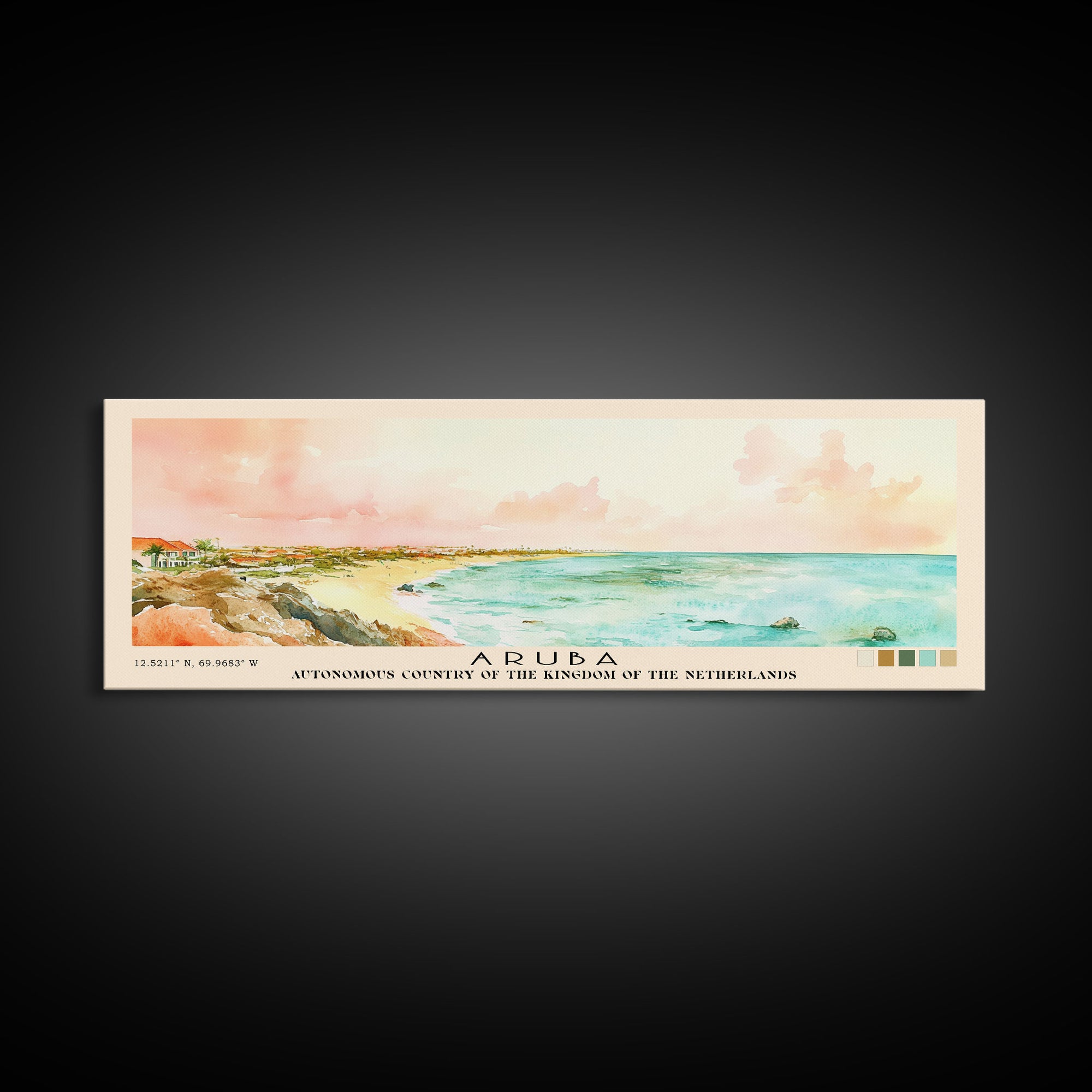 Aruba, autonomous country of the Kingdom of the Netherlands Watercolor Beach Print, Vacation Gift, autonomous country of the Kingdom of the Netherlands Wall Art, Framed Canvas Print, Framed Beach Painting