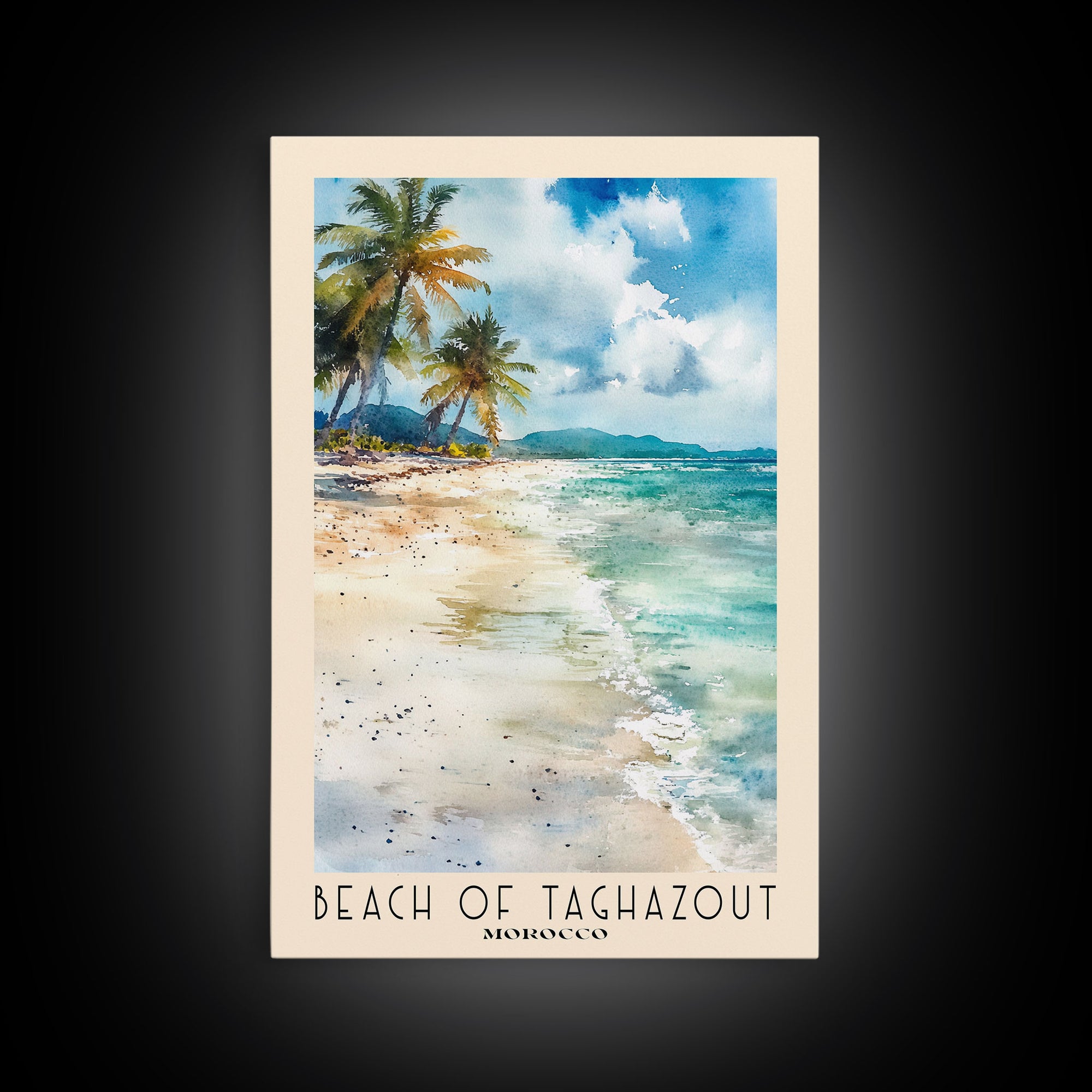 Beach of Taghazout, Morocco Watercolor Beach Print, Vacation Gift, Morocco Wall Art, Framed Canvas Print, Framed Beach Painting