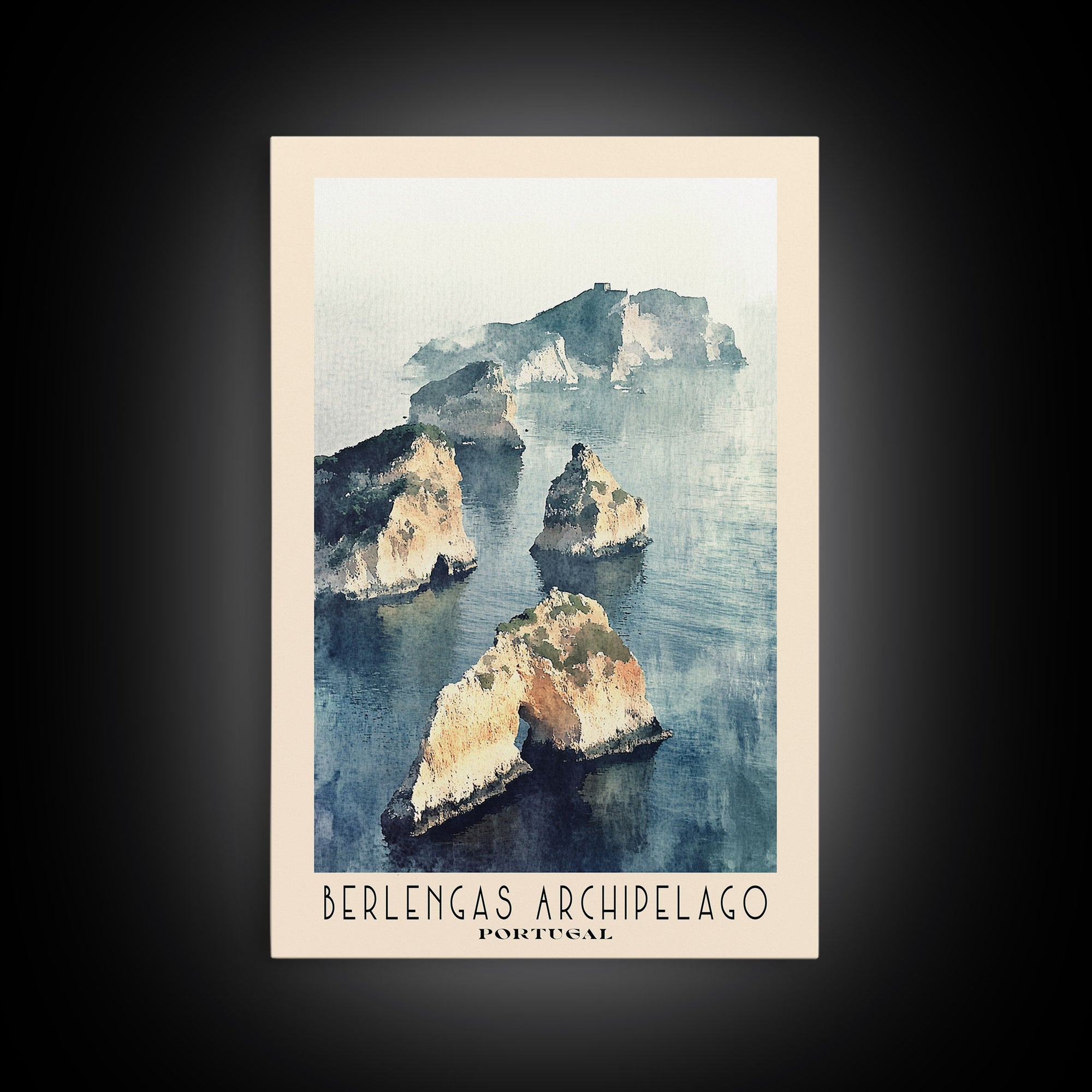 Berlengas Archipelago, Portugal Watercolor Print, Vacation Gift, Portugal Wall Art, Beach Painting, Beach Decor, Large Wall Art, Wood Frame Art