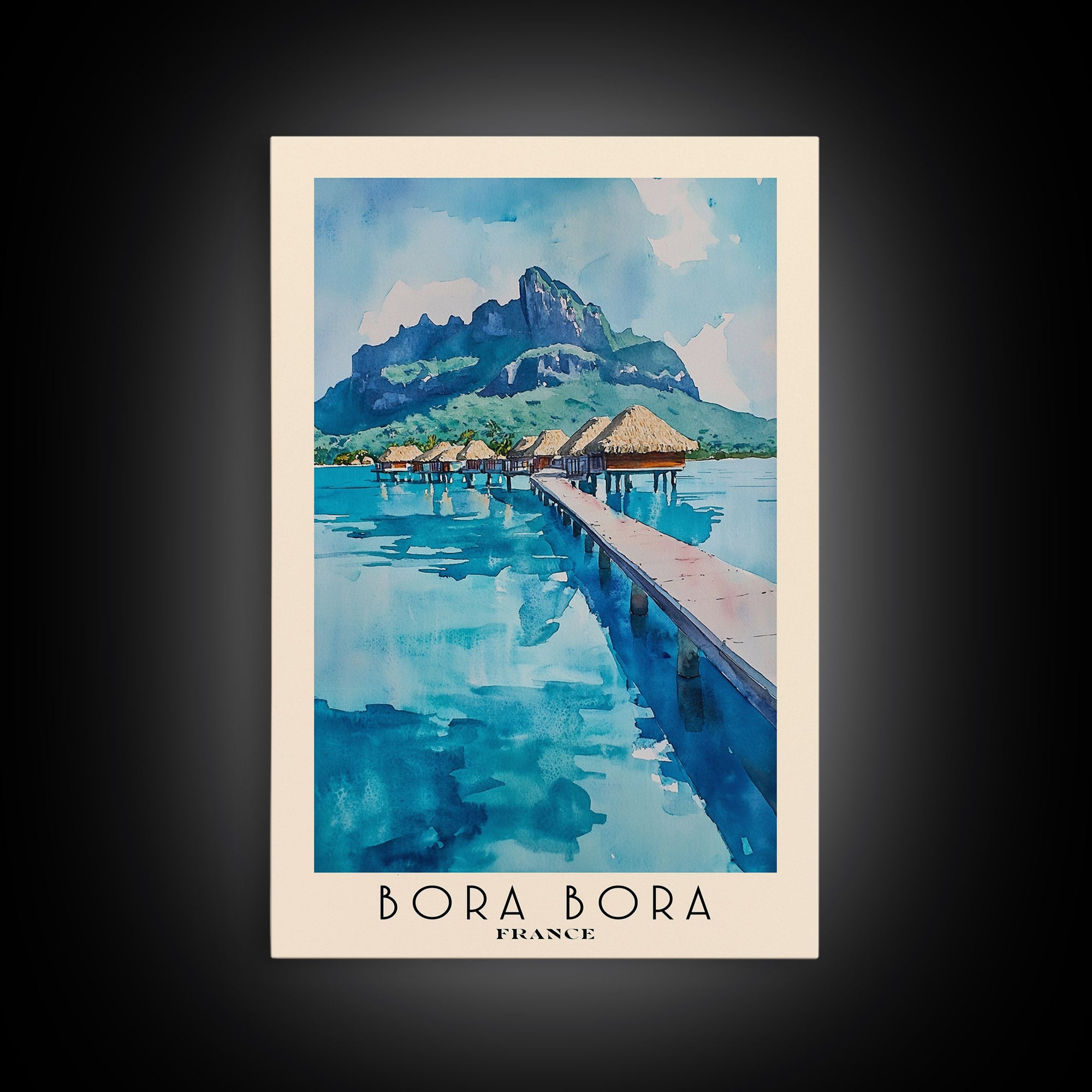 Bora Bora, France Watercolor Beach Print, Vacation Gift, France Wall Art, Framed Canvas Print, Framed Beach Painting