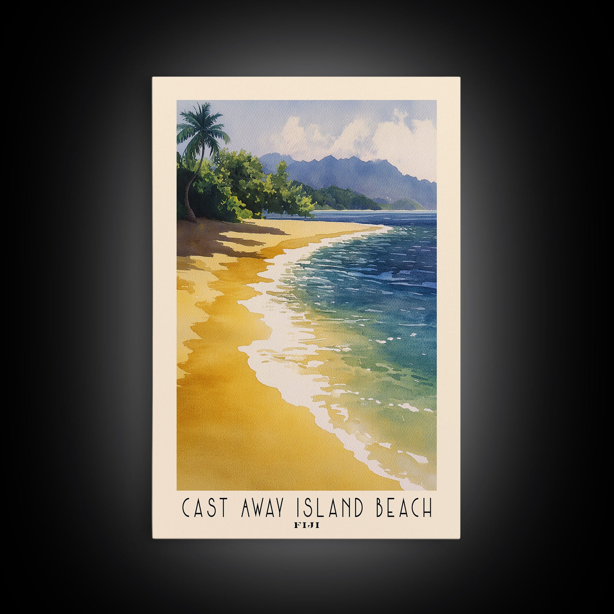 Cast Away Island Beach, Fiji Watercolor Print, Vacation Gift, Fiji Wall Art, Beach Painting, Beach Decor, Large Wall Art, Wood Frame Art
