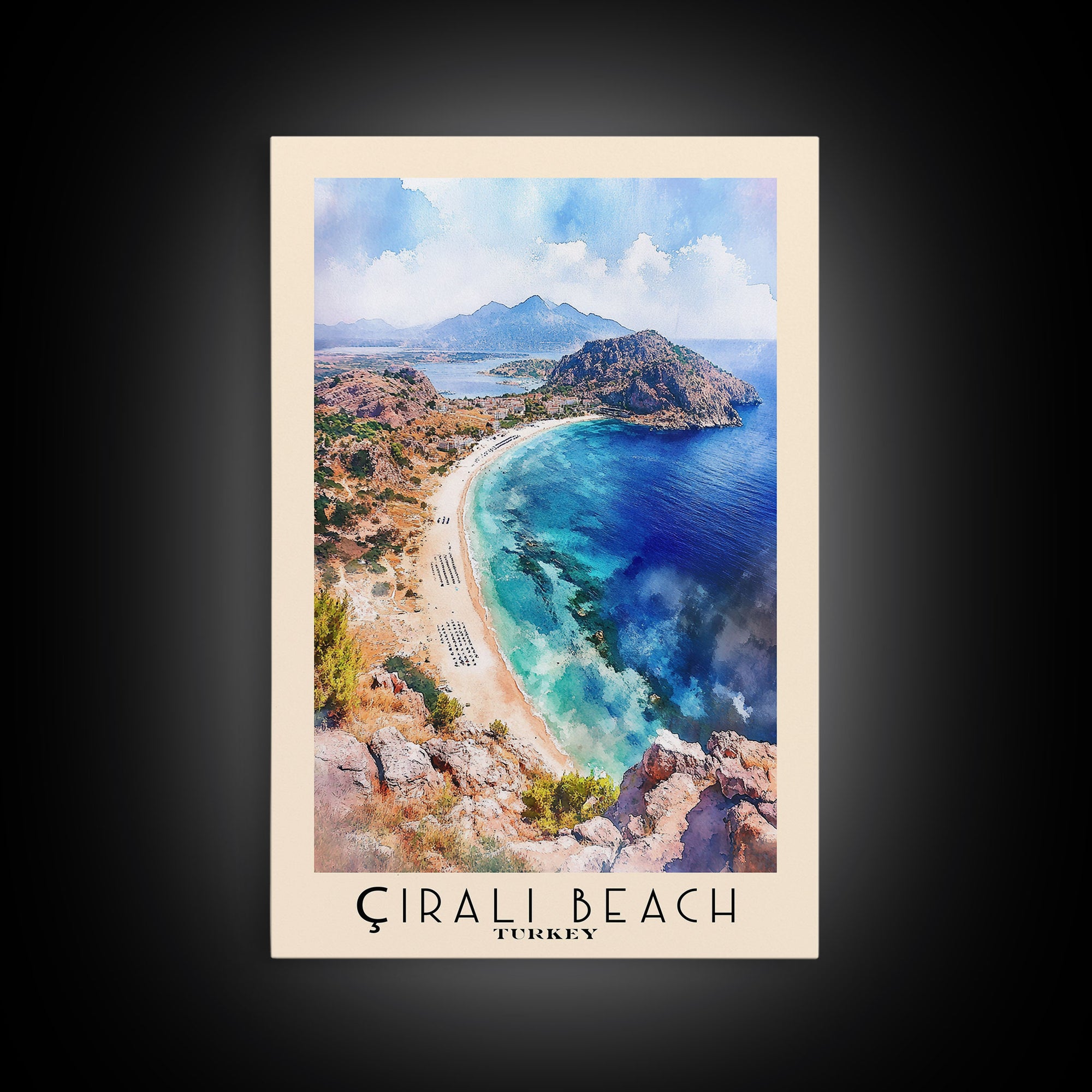 Çıralı Beach, Turkey Watercolor Print, Vacation Gift, Turkey Wall Art, Beach Painting, Beach Decor, Large Wall Art, Wood Frame Art