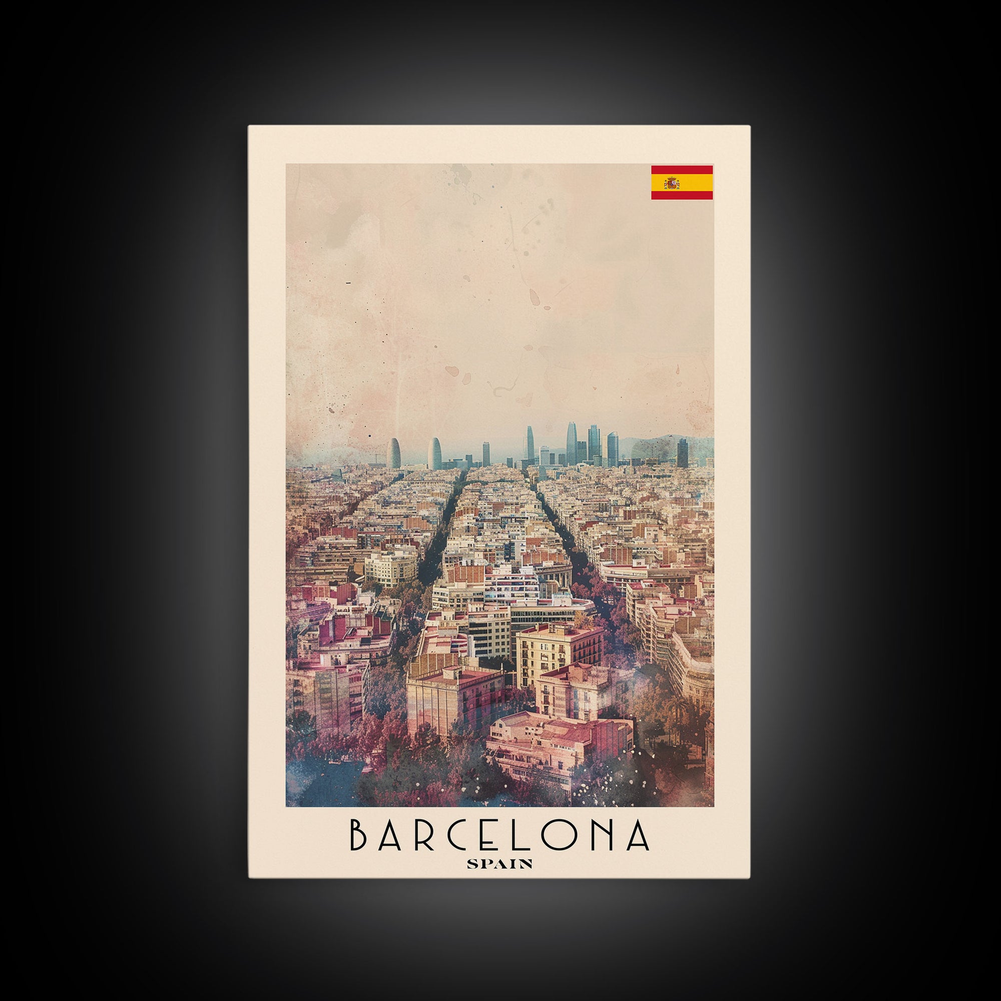 Barcelona Spain Travel Poster Framed Canvas Print, Wall Art, Home Decor, Travel Print, Watercolor Painting, Urban Scene, Vibrant Colors
