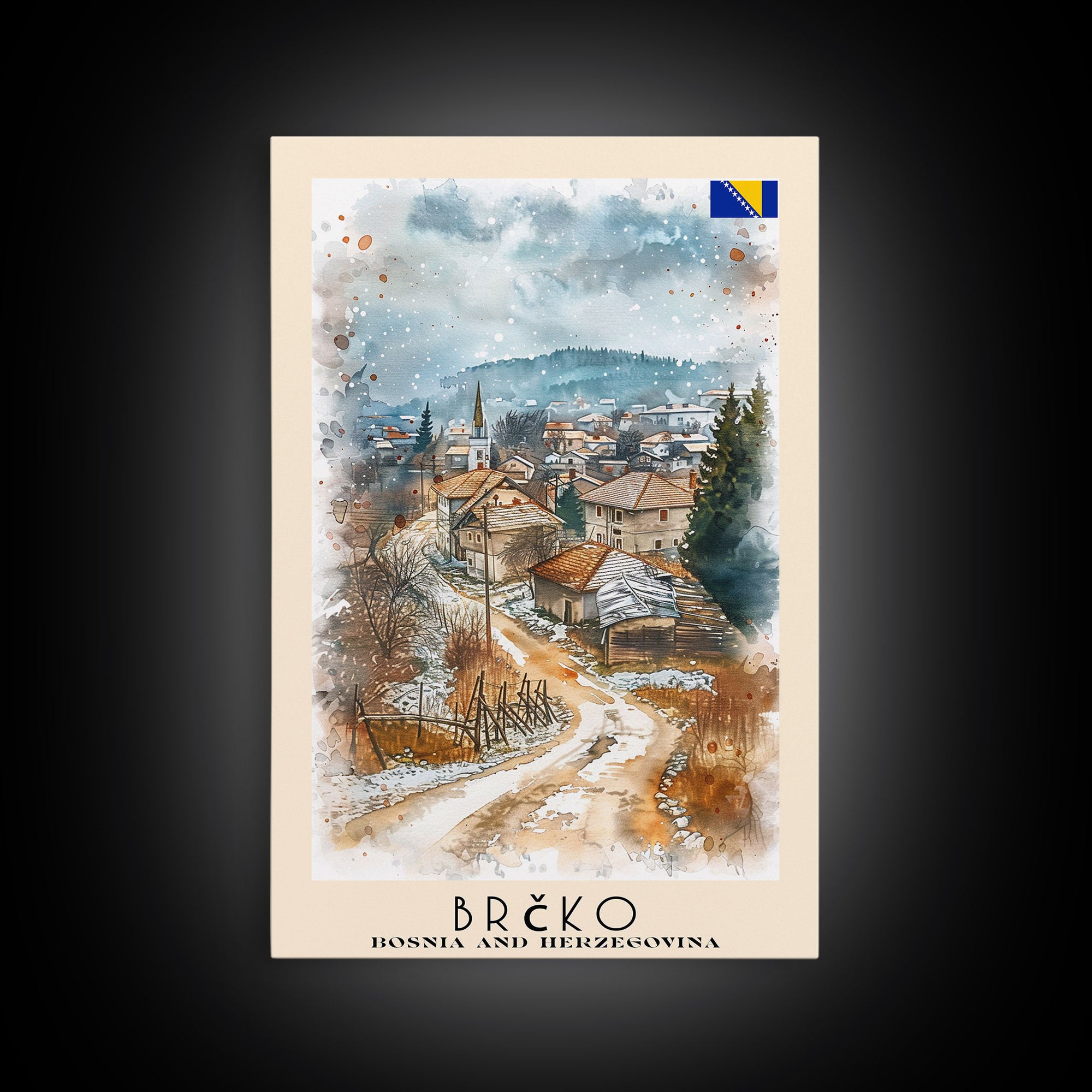 Brčko Bosnia Travel Poster Framed Canvas Print, Cityscape Art, Wall Decor, Travel Print, Watercolor Painting, Urban Scene Art