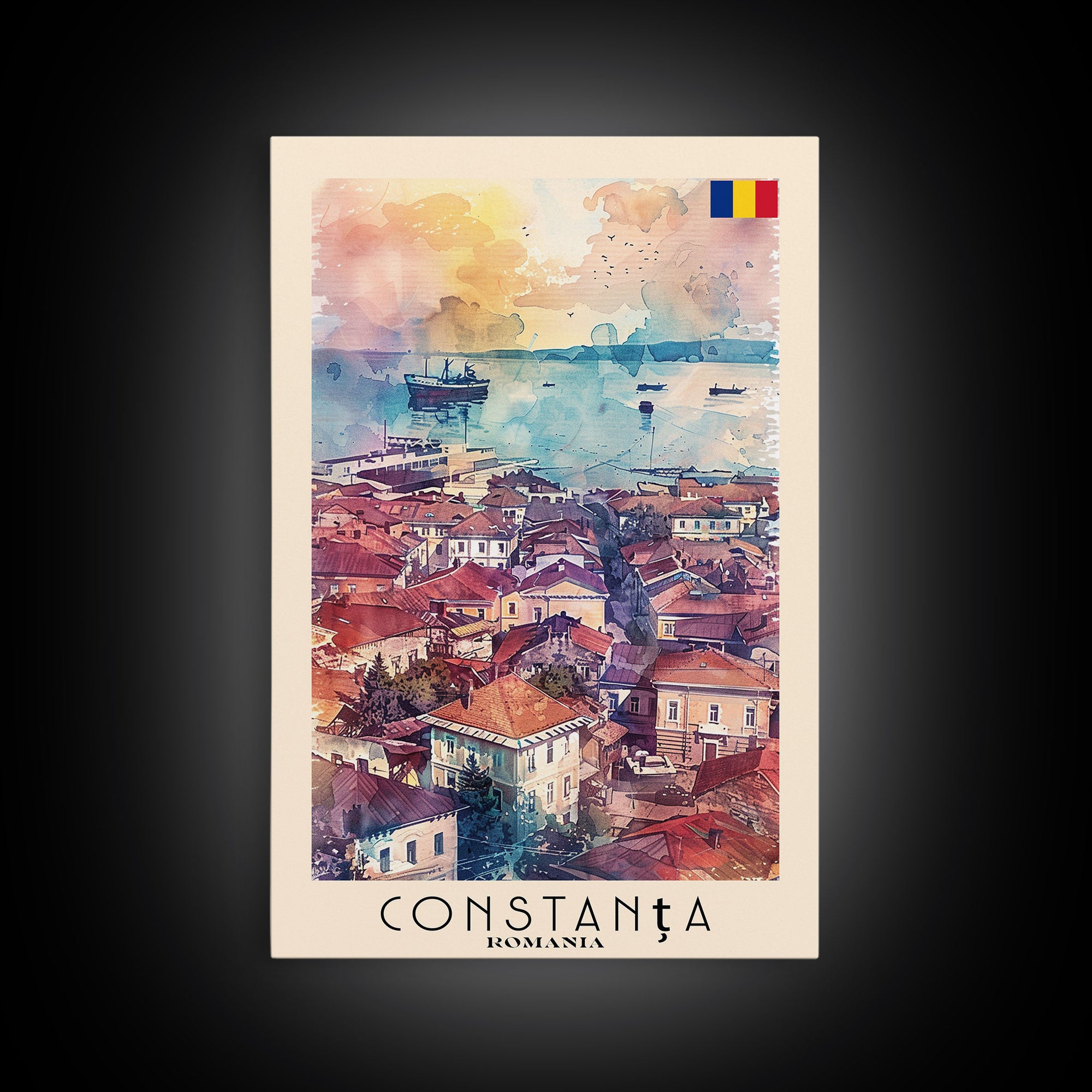 Constanta Romania Framed Canvas Print, Travel Poster Art, Watercolor Painting, Coastal Cityscape Wall Art, Home Decor, Living Room Artwork, Travel Print