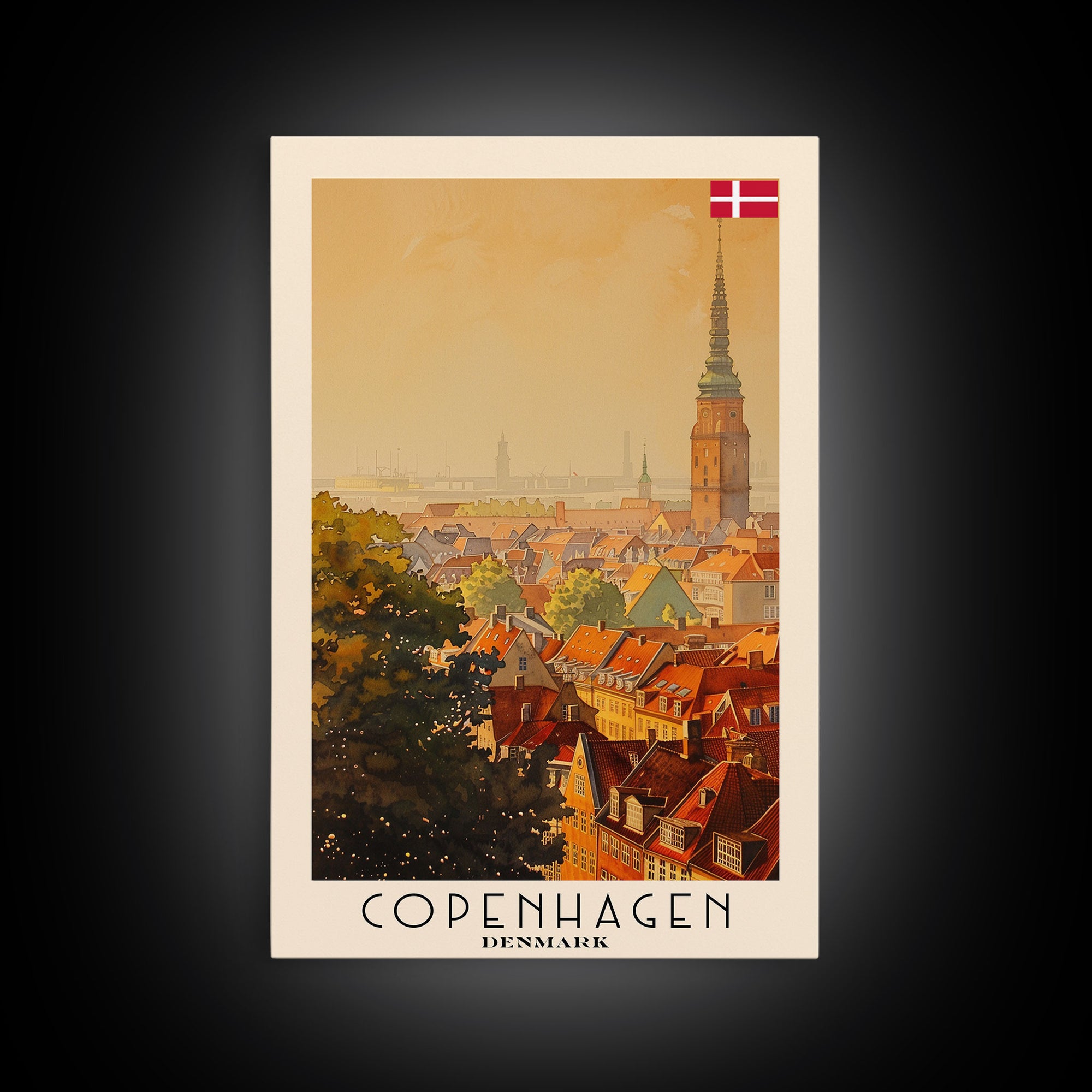 Copenhagen Denmark Cityscape Art, Framed Canvas Print, Watercolor Travel Poster, Minimalist Wall Decor, Home Decoration, Living Room Art, Travel Print