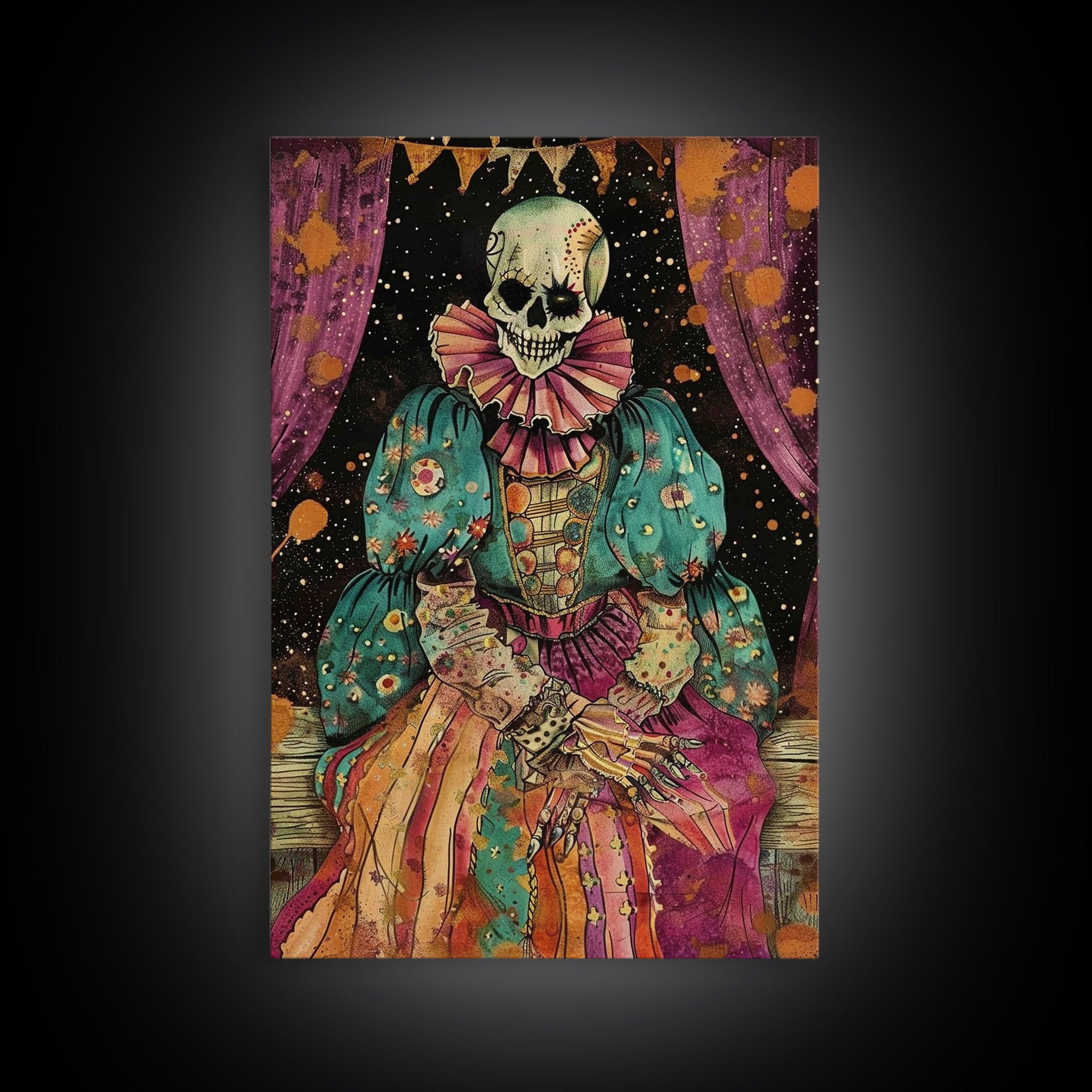 Creepy Skeleton Clown Framed Canvas Print, Cottagecore Halloween Mashup, Spooky Vibes Halloween Decor