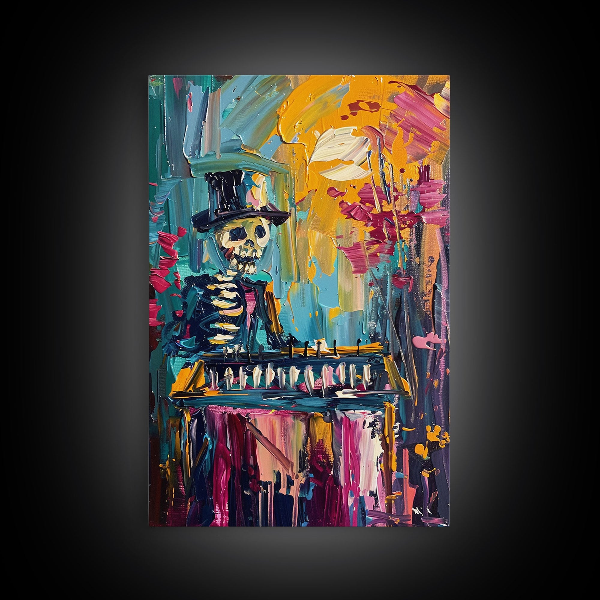 Colorful Skeleton with Top Hat Framed Canvas Print, Halloween Art, Creepy Wall Art, Spooky Home Decor, Scary Art, Vibrant Living Room Decor