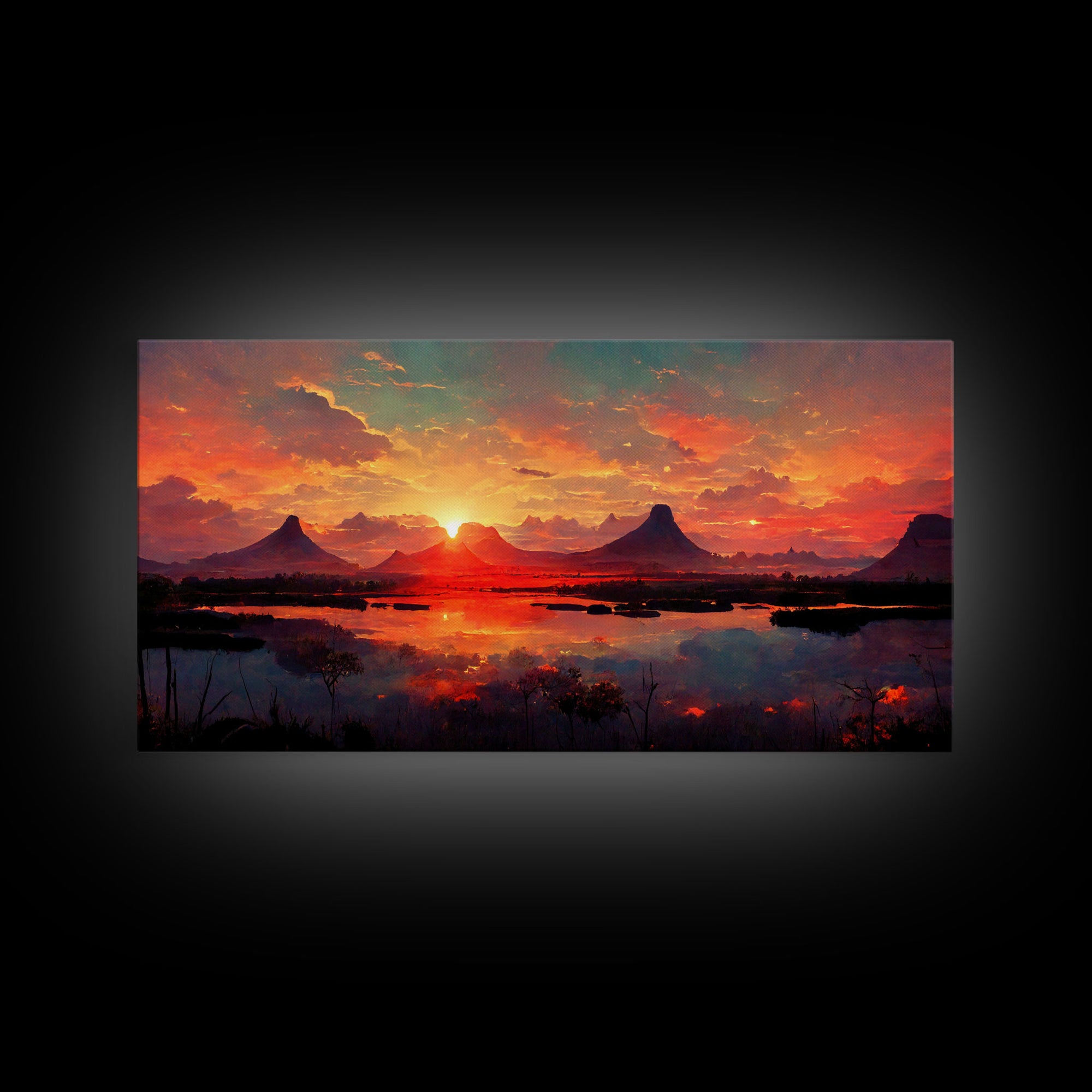 Mountain and Lake Sunset Wall Art Oil Painting On Canvas, Canvas Print, Ready to hang gallery wrapped nature framed canvas print, lake life