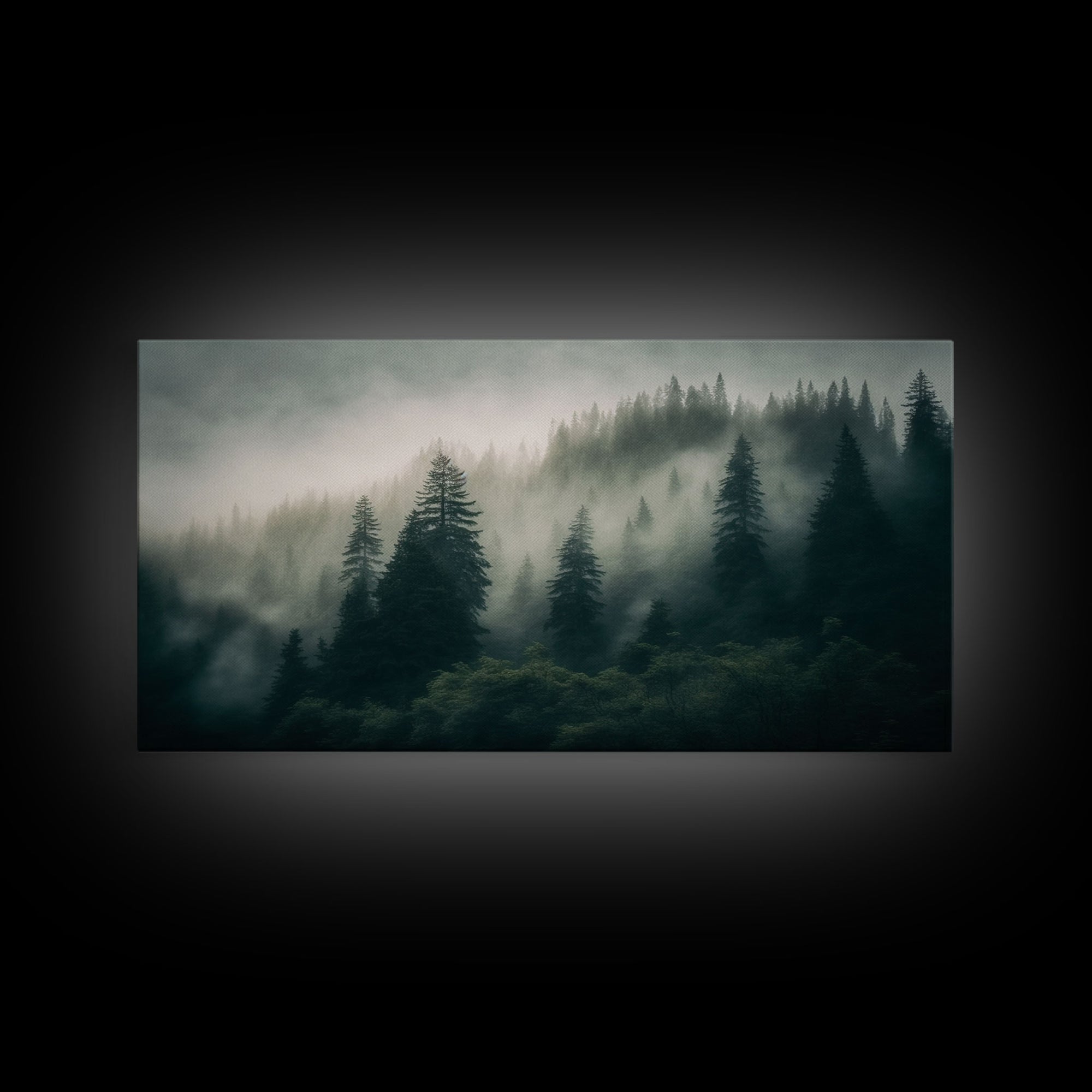 Morning fog over a mountain forest, framed canvas print, foggy pine tree landscape, framed wall art, misty mountain landscape art