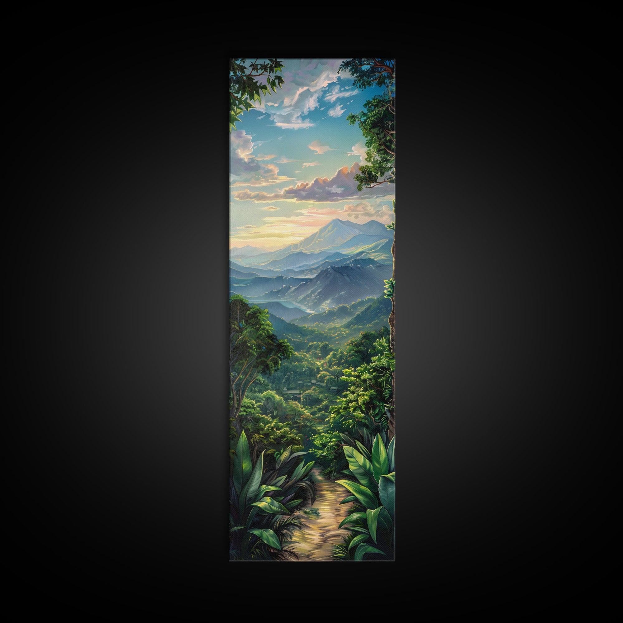 Jungle Landscape Canvas Painting, Tropical Wall Art Print, Mountain Art Printed on Framed Canvas, Oversized Narrow Landscape Art