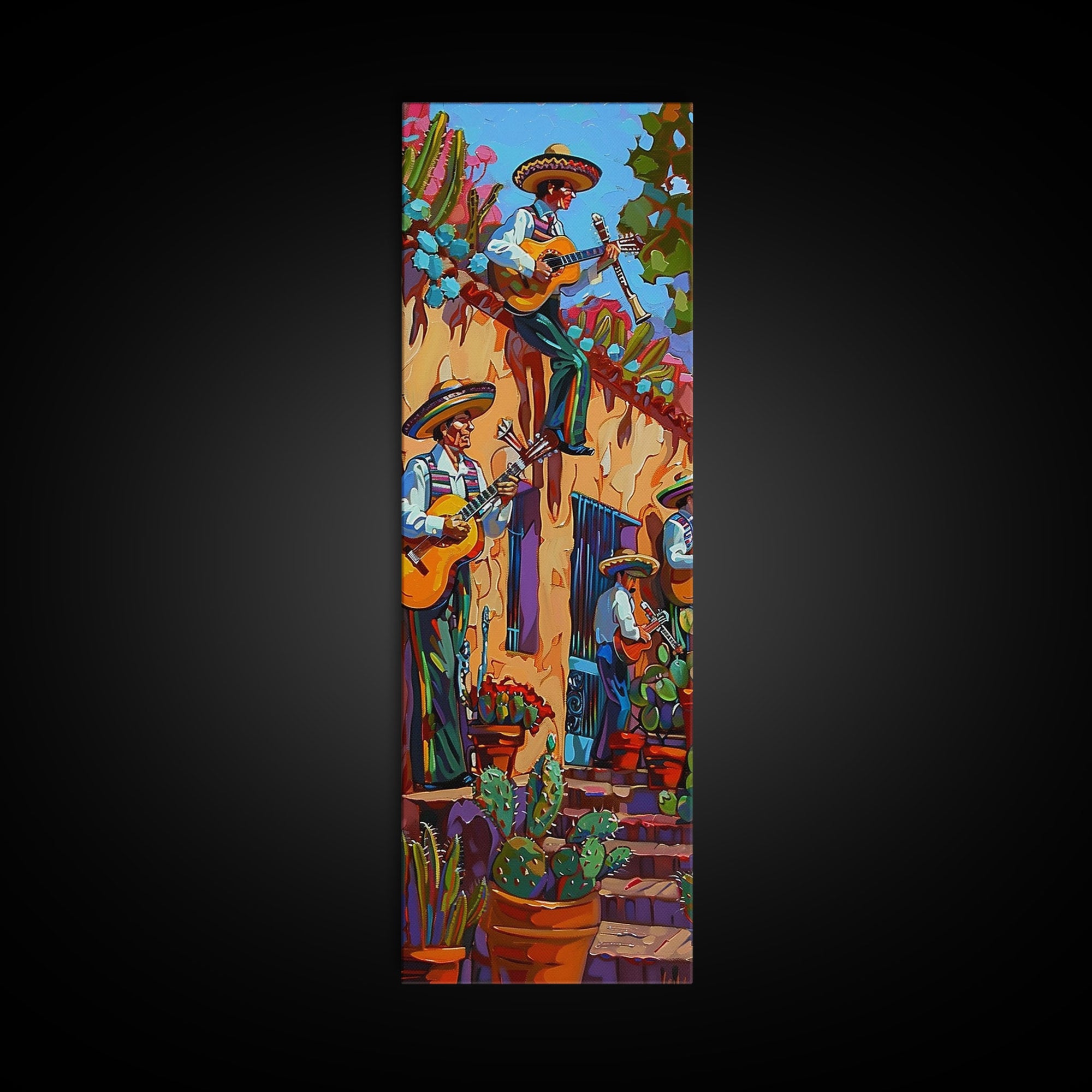 Tall and Narrow Mexican Style Mariachi Band Printed on Framed Canvas, Colorful Botanical Canvas Art, Maximalist Wall Art Print, Spanish Art