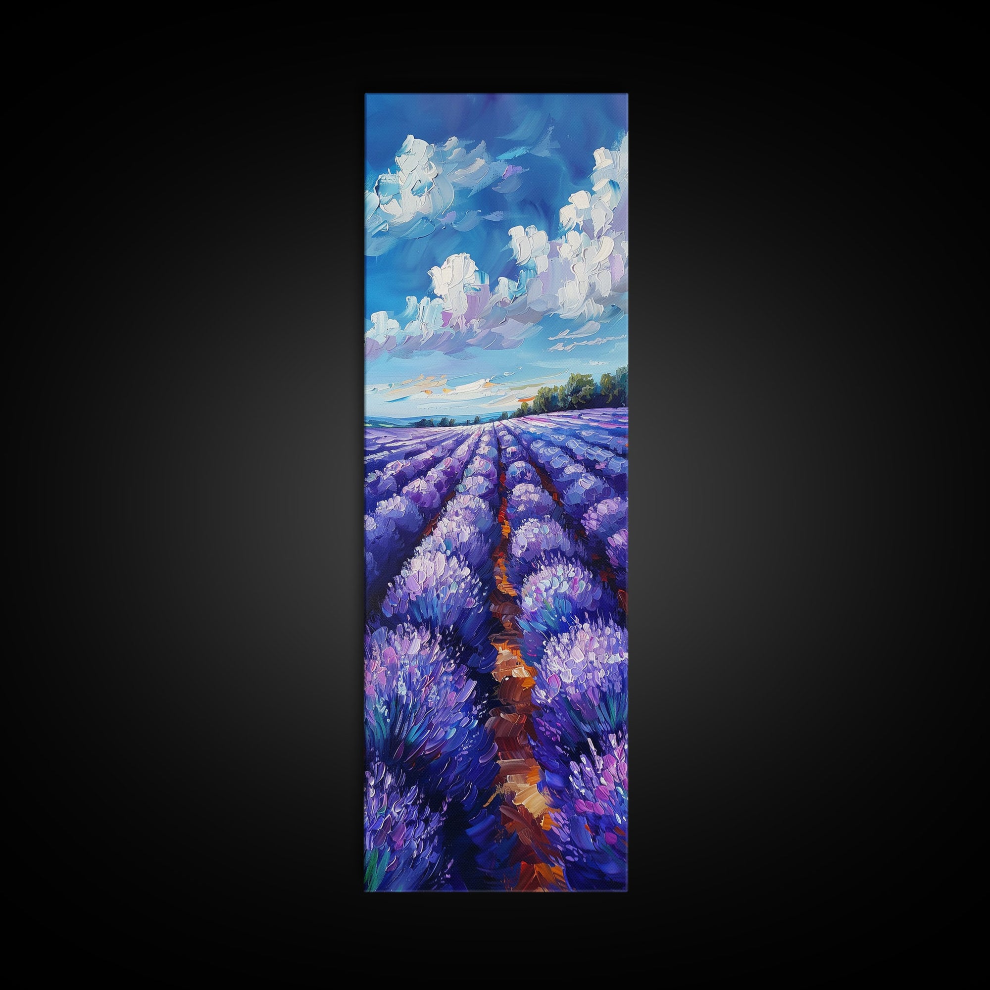 Expansive Lavender Fields Under a Bright Sky, Skinny and Tall Art, Bold Framed Canvas Print, Landscape Wall Art