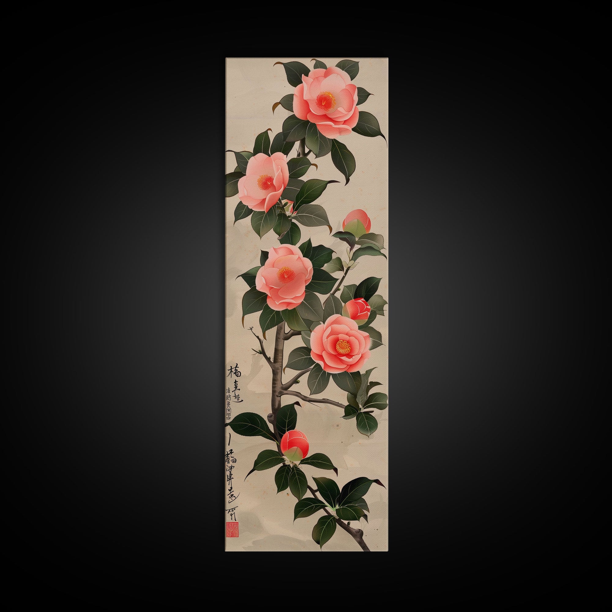 Framed Canvas Print Of Japanese Floral Art With Camellia Blossoms And Detailed Leaves Ready To Hang Traditional Japanese Wall Art Decor