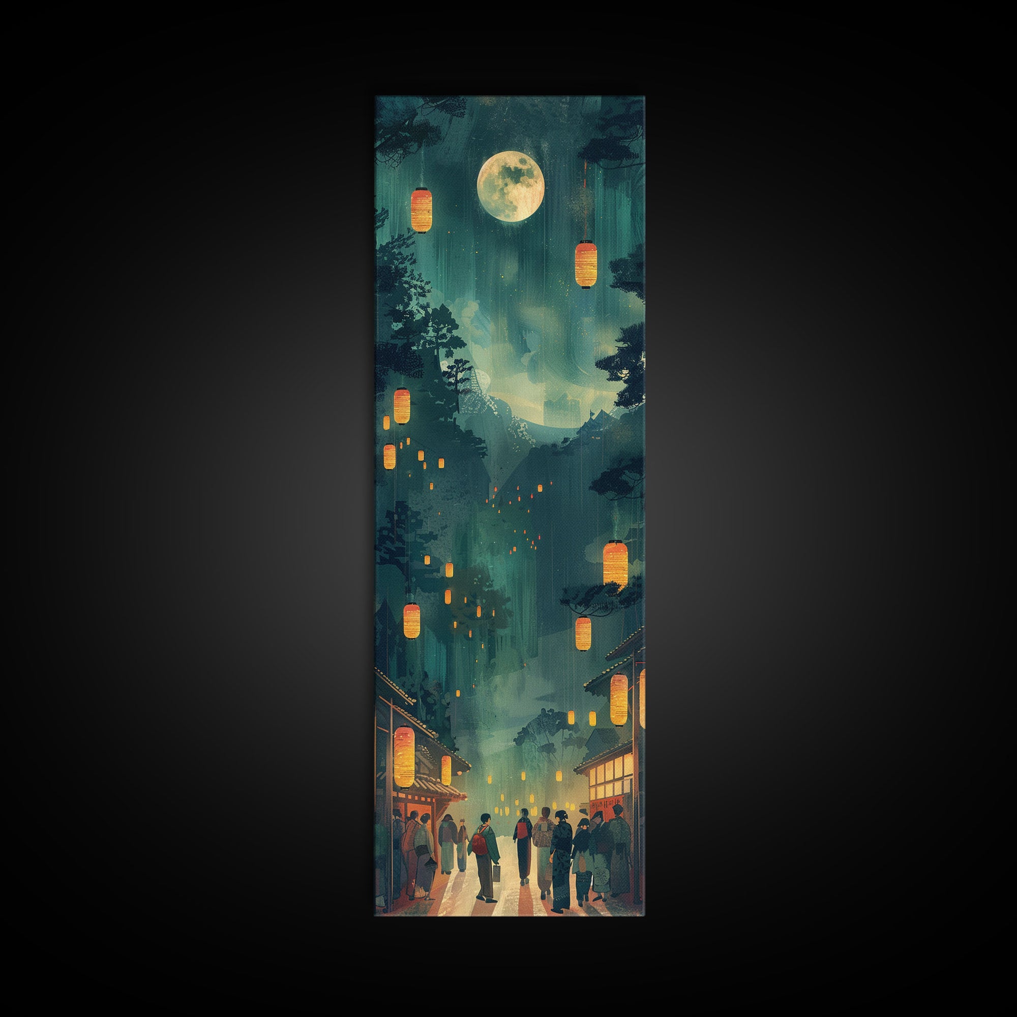 Framed Canvas Print Of A Nighttime Japanese Festival Scene With Lanterns And Pine Trees, Traditional Wall Art Ready To Hang