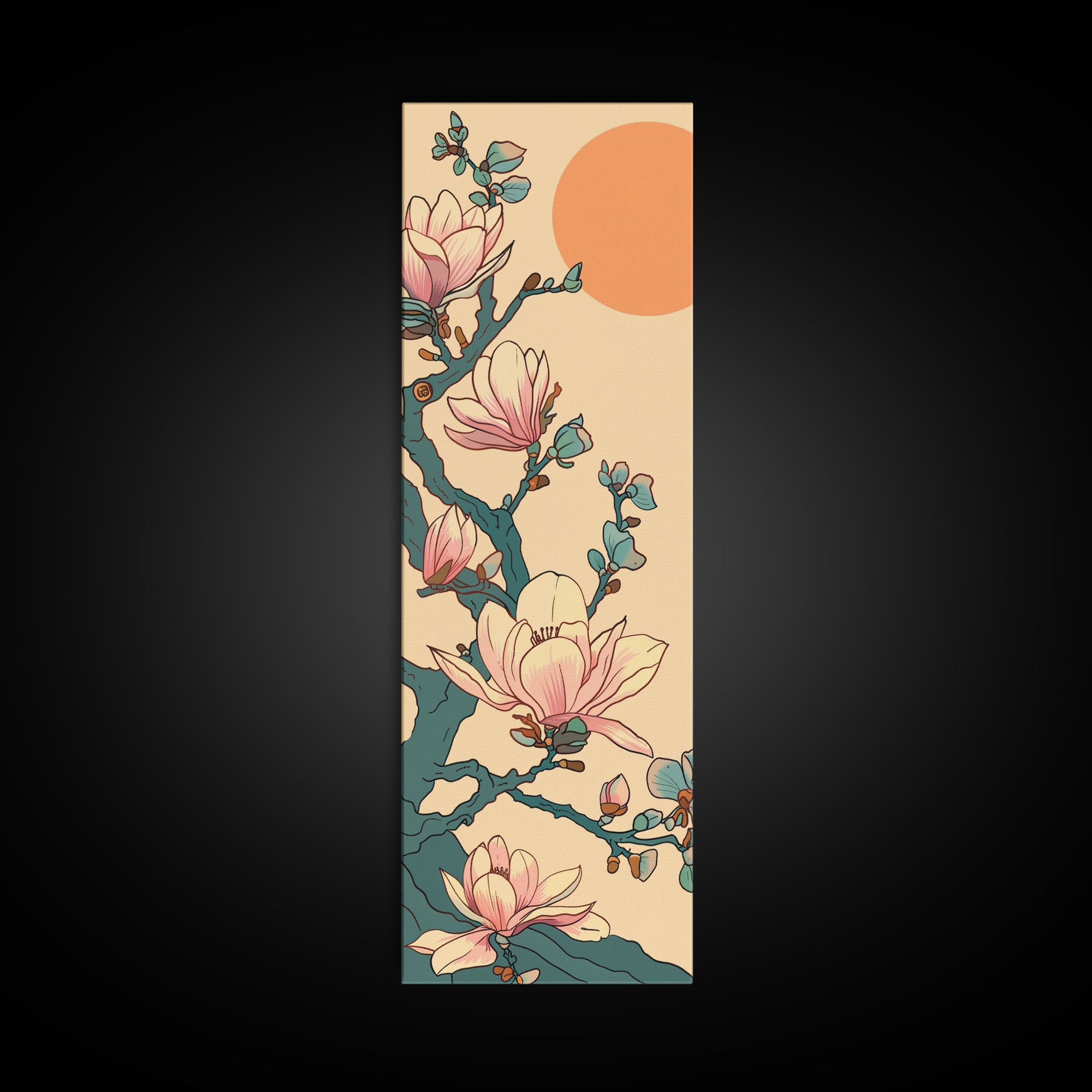 Delicate Magnolia Blossoms in Ukiyo-e Style, Tall Skinny Framed Canvas Print, Japanese Art for Vertical Spaces