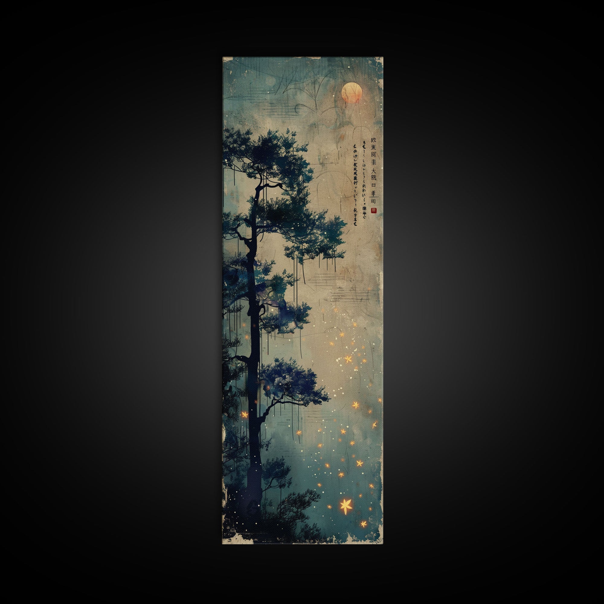 Pine Tree, Moonlit Sky, Japanese Art, Skinny Art, Tall Art, Framed Canvas Print, Ukiyo-e Style