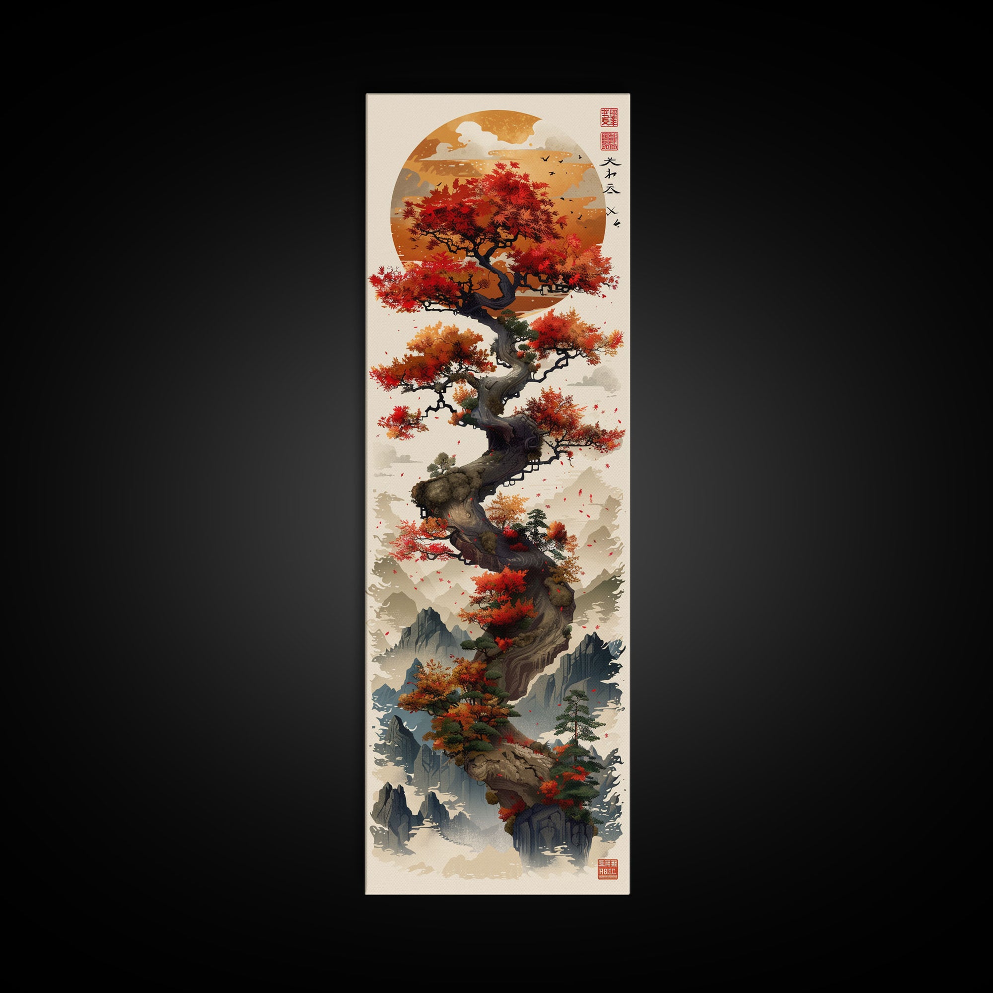 Majestic Bonsai Tree Under the Golden Sun Skinny Art Ukiyo-e Tall Framed Canvas Print with Mountain Landscape