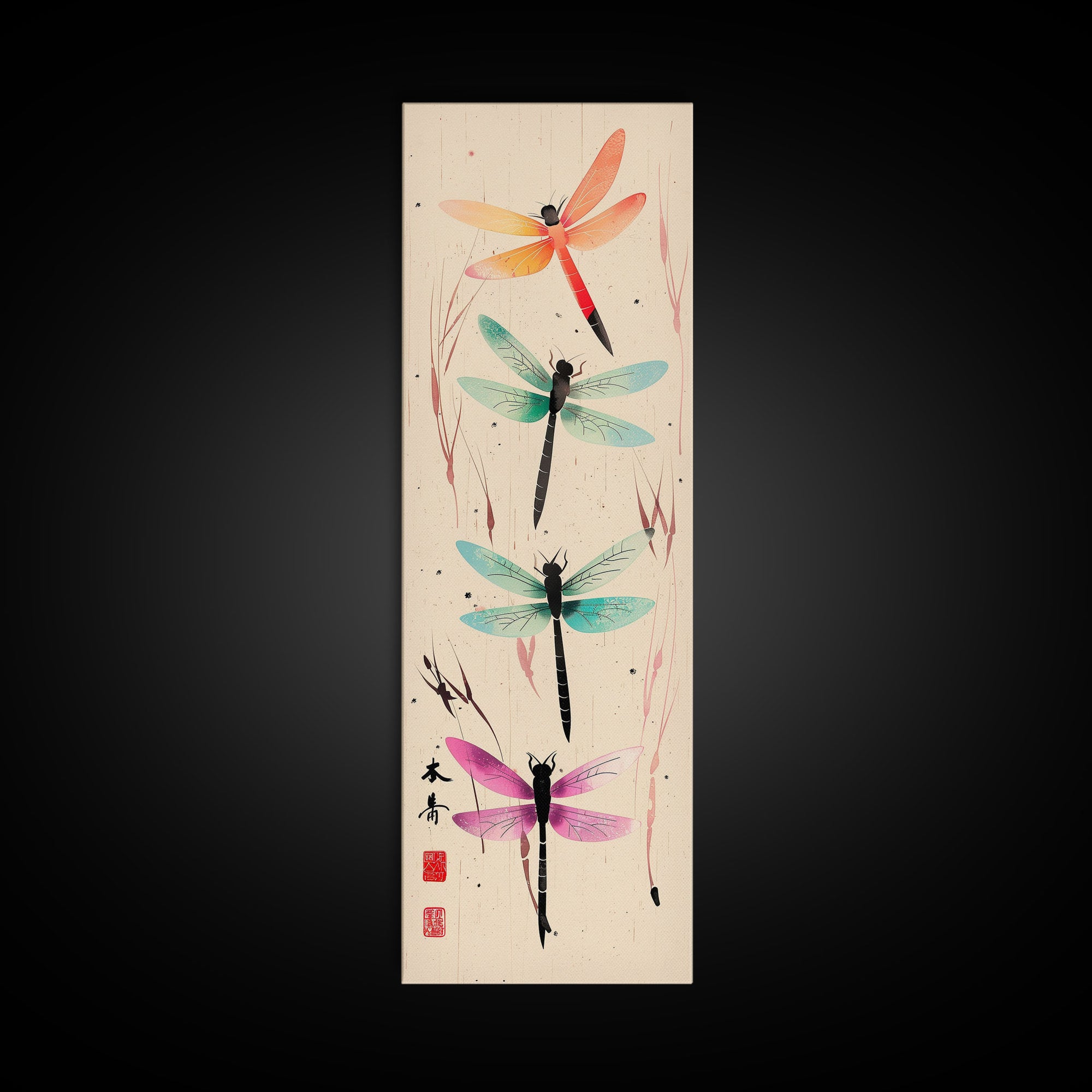 Dragonflies In Flight With Delicate Details Japanese Style Framed Canvas Print, Wall Art Ready To Hang For Nature Lovers