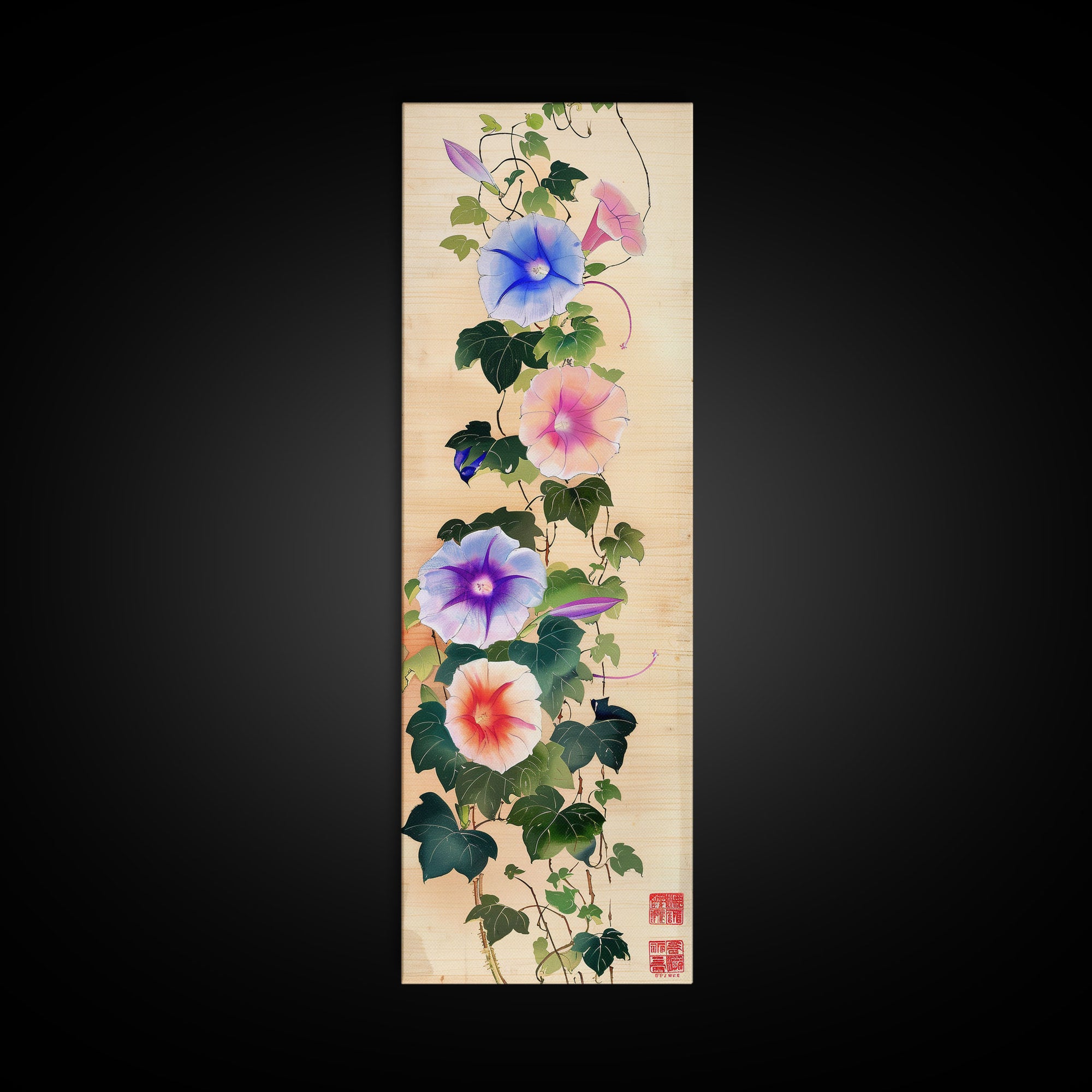 Morning Glories On Wooden Background Ukiyo-e Wall Art Framed Canvas Print Japanese Style Skinny Art Wood Block Print Tall Art
