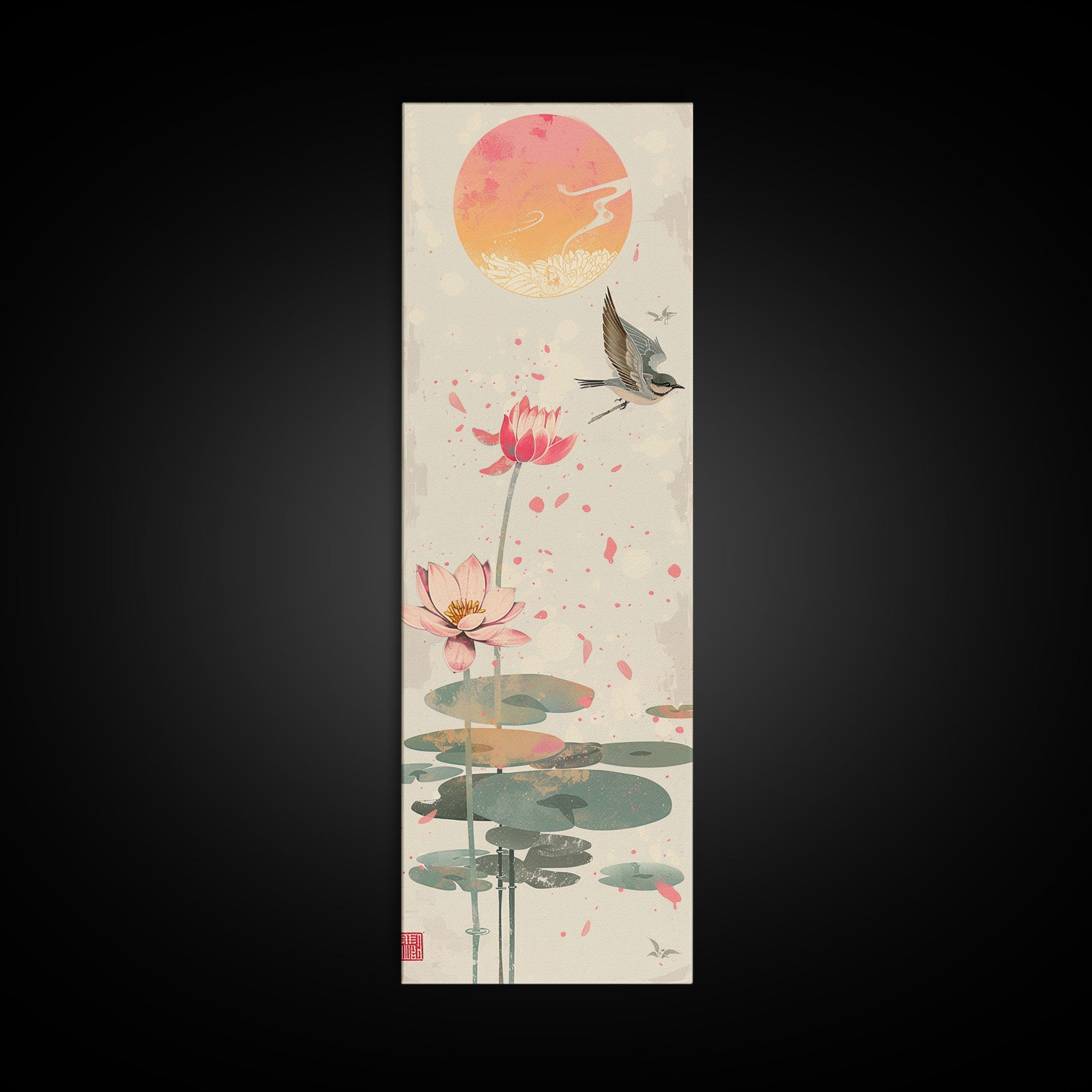 Autumn Maple Leaves Falling Tall Skinny Japanese Wall Art - Framed Canvas Print in Ukiyo-e Style