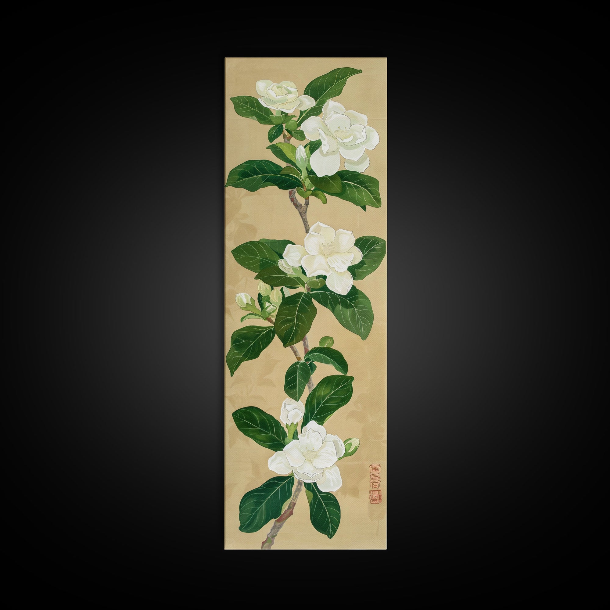 Magnolia Flowers On A Branch - Skinny Art Tall Art Framed Canvas Print Japanese Style Art Ukiyo-e Art
