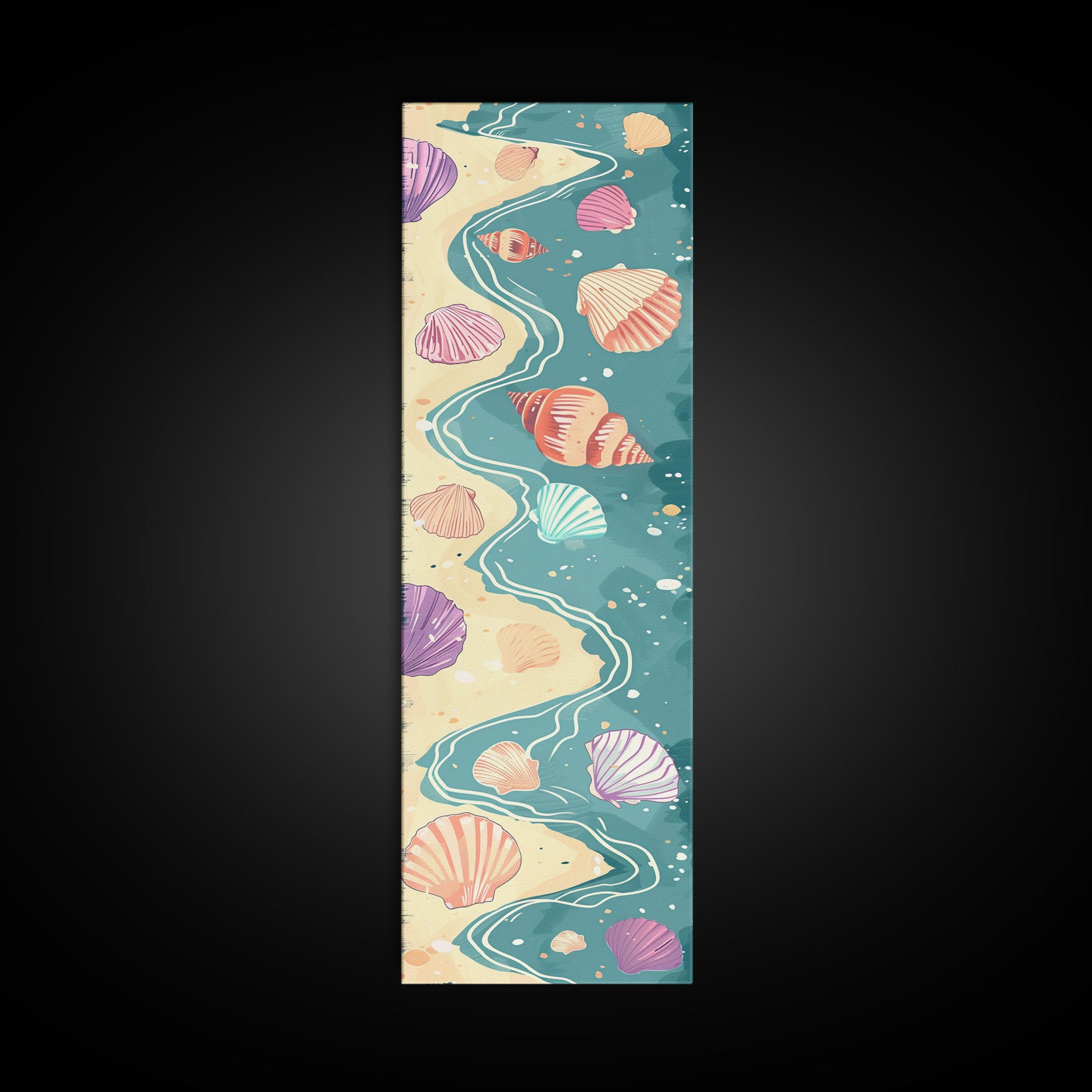 Shells On Shoreline Canvas In Ukiyo-e Style, Japanese Woodblock Print, Framed Canvas Print, Tall Skinny Japanese Wall Art, Ready To Hang