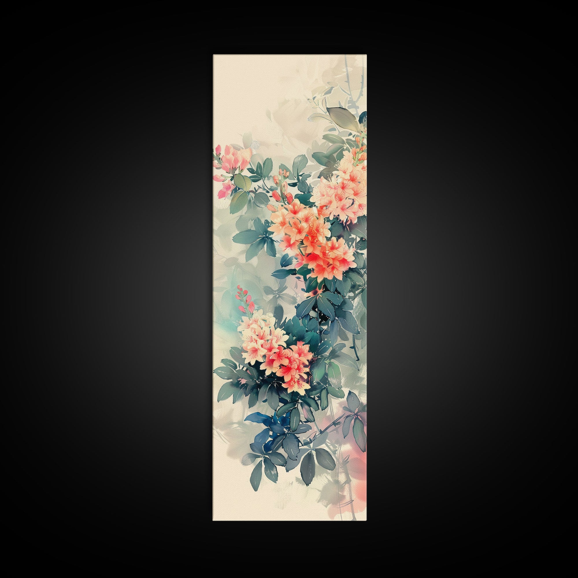 Azalea Blossoms Skinny Art Tall Art Japanese Ukiyo-e Inspired Floral Framed Canvas Print for Elegant and Timeless Decor