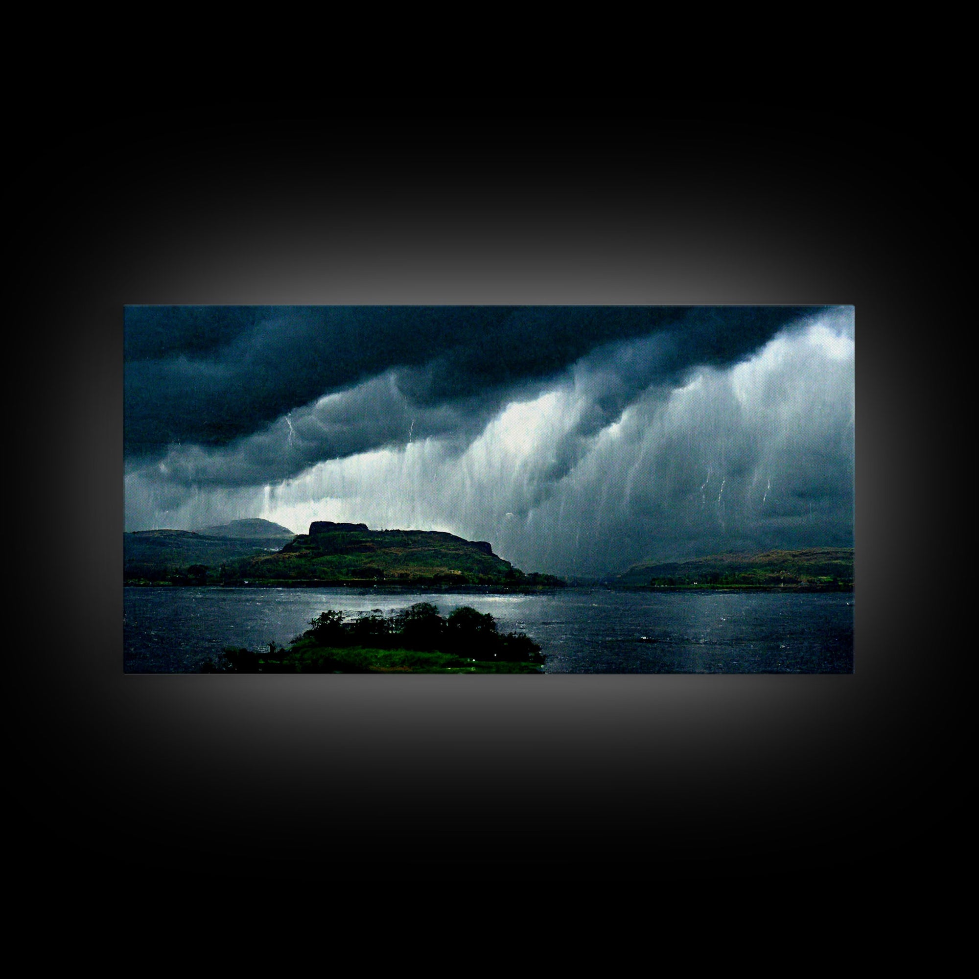 Foggy night rainstorm over the lake canvas print, nature and landscape wall art, ready to hang, cool wall art