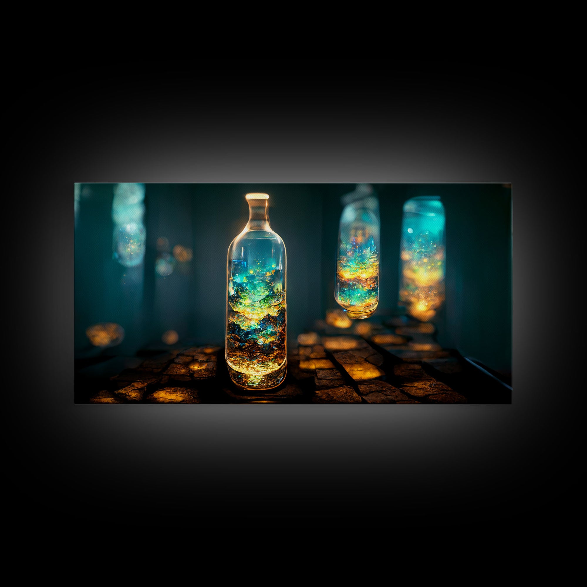 Miniature world in a bottle canvas print, high fantasy wall art, magical wall art, ready to hang wall art