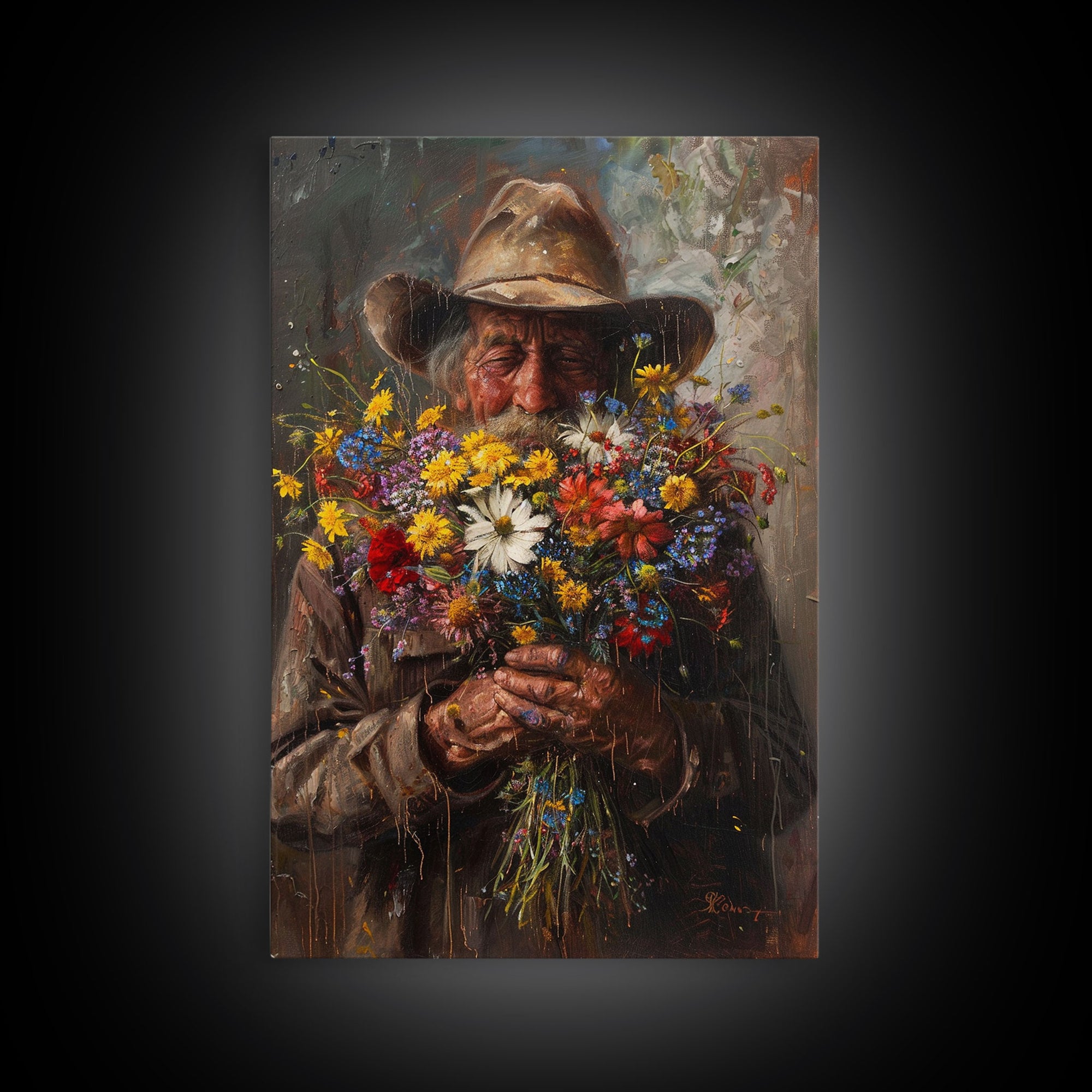 Old Cowboy with Wildflowers - Framed Canvas Print, Vintage Living Room Art, Rustic Bedroom Decor, Western Art, Wall Art