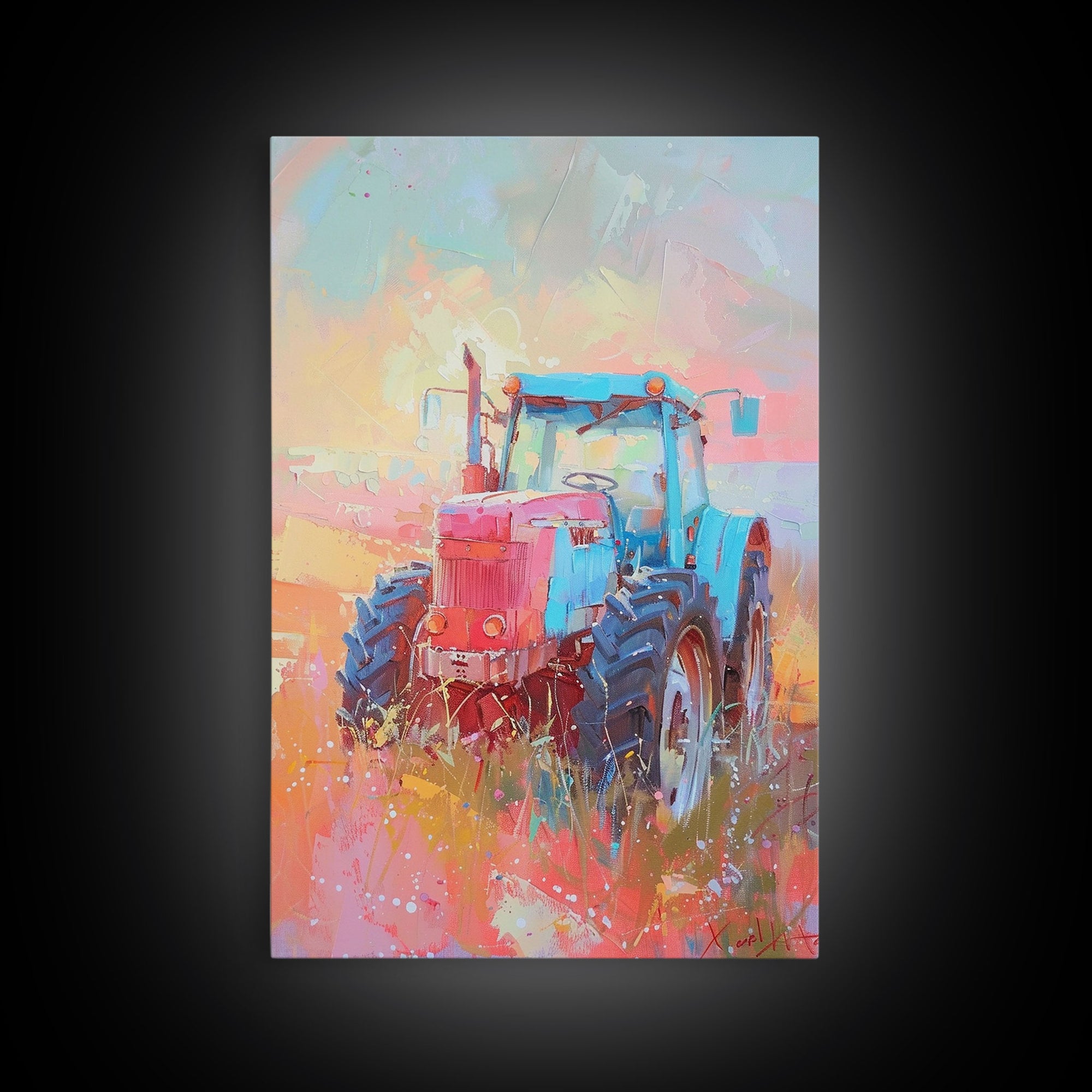 Colorful Tractor in Pastel Field - Framed Canvas Print, Farmhouse Living Room Art, Rustic Bedroom Decor, Rural Art, Wall Art