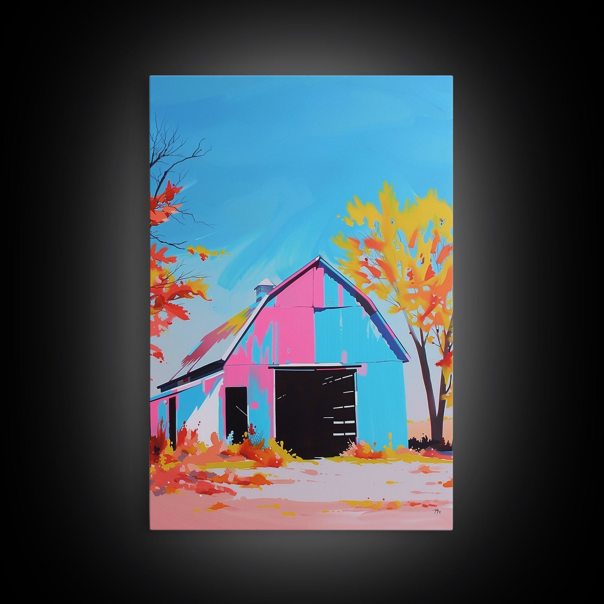 Bright Barn in Autumn Colors with Blue Sky - Framed Canvas Print, Rustic Decor, Barn Art for Living Room, Country Wall Art for Home